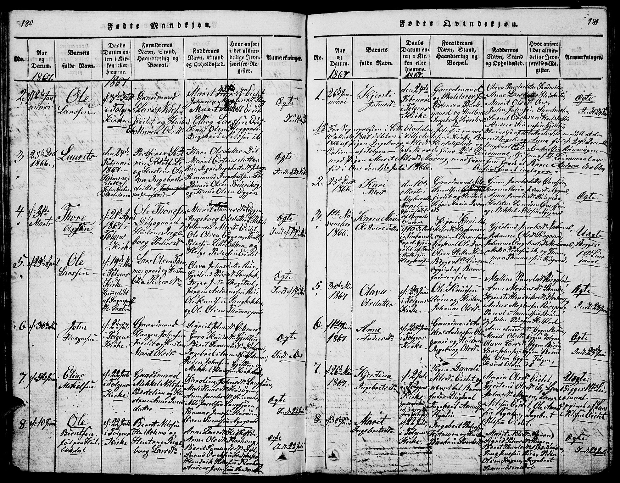 Tolga prestekontor, SAH/PREST-062/L/L0001: Parish register (copy) no. 1, 1814-1877, p. 180-181