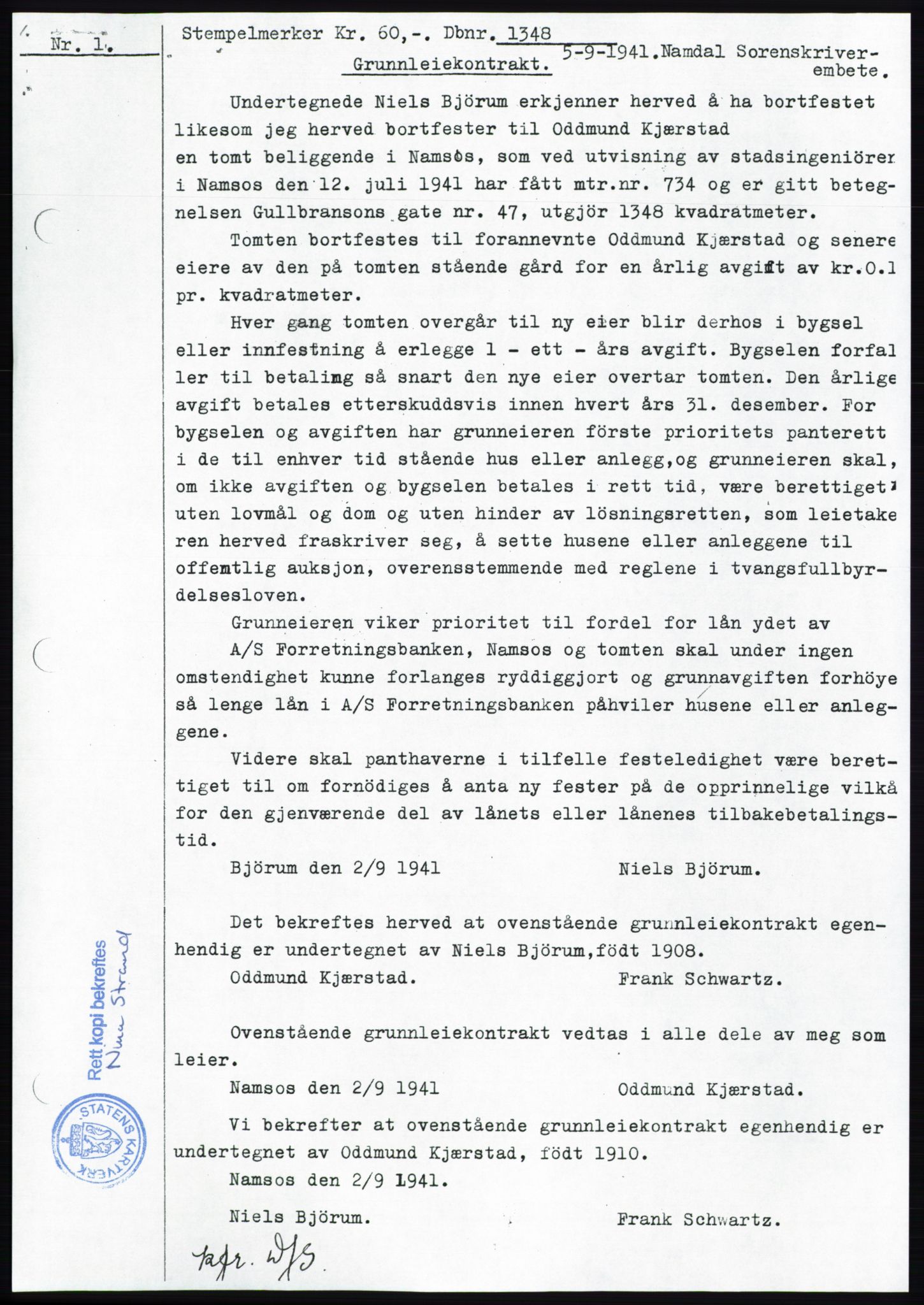 Namdal sorenskriveri, AV/SAT-A-4133/1/2/2C: Mortgage book no. -, 1943-1944, Diary no: : 1348/1943