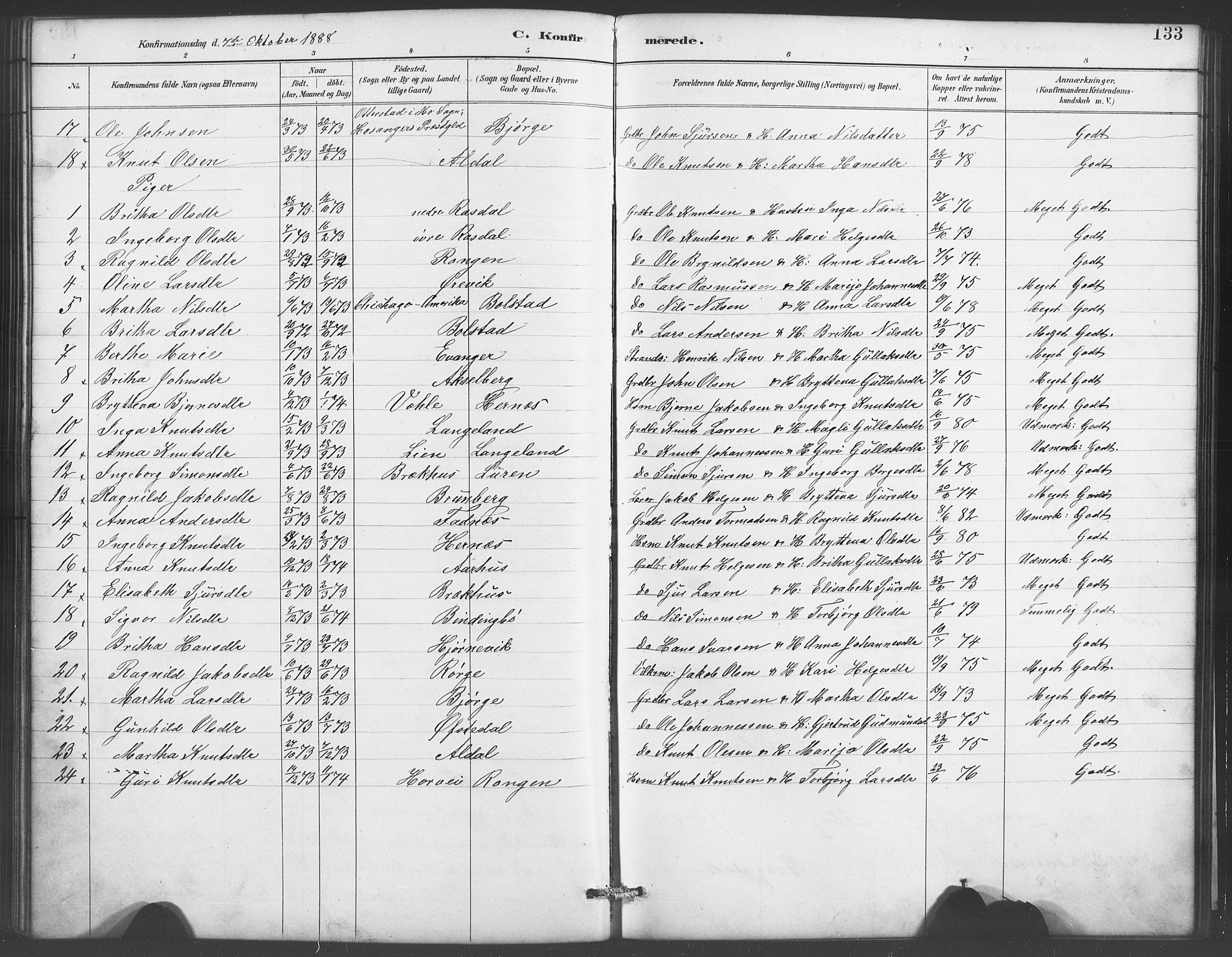 Evanger sokneprestembete, SAB/A-99924: Parish register (copy) no. A 4, 1887-1897, p. 133
