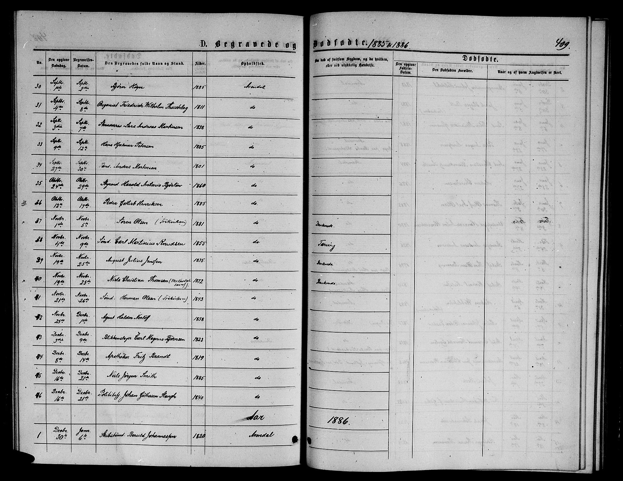 Arendal sokneprestkontor, Trefoldighet, AV/SAK-1111-0040/F/Fb/L0005: Parish register (copy) no. B 5, 1874-1888, p. 409