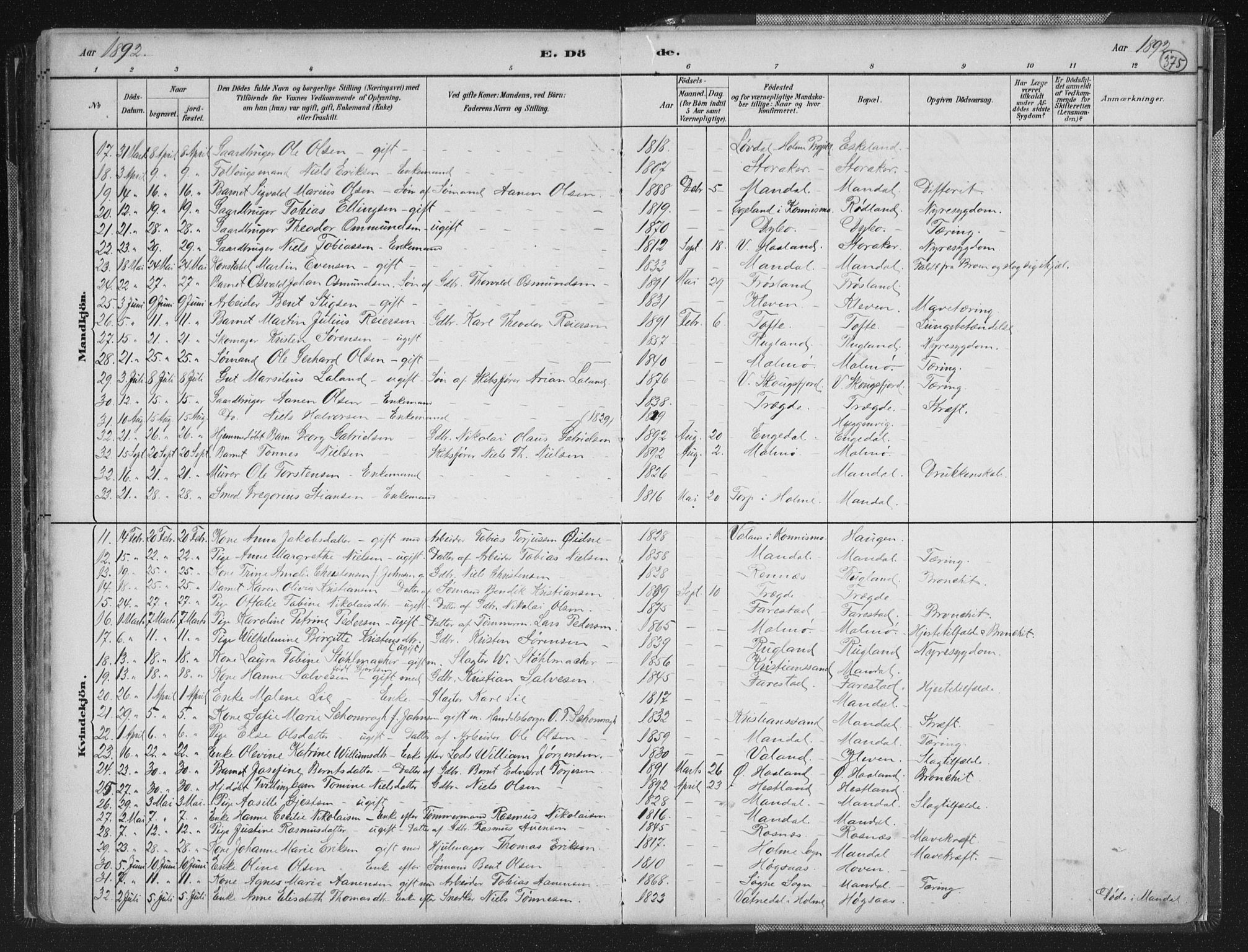 Mandal sokneprestkontor, AV/SAK-1111-0030/F/Fb/Fba/L0011: Parish register (copy) no. B 5, 1880-1898, p. 375