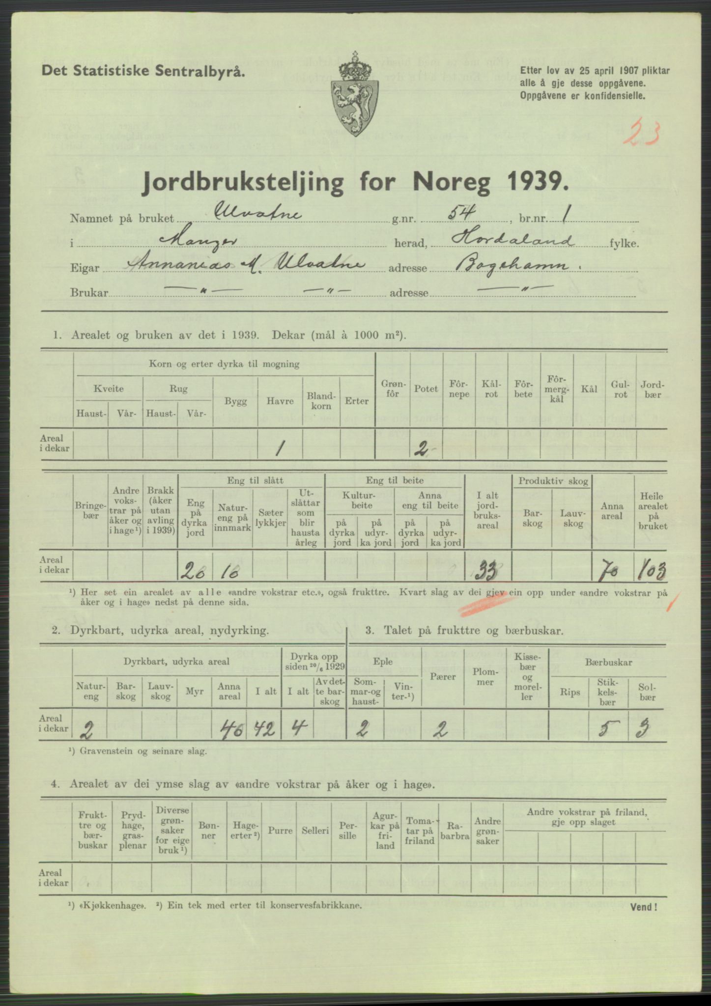 Statistisk sentralbyrå, Næringsøkonomiske emner, Jordbruk, skogbruk, jakt, fiske og fangst, AV/RA-S-2234/G/Gb/L0211: Hordaland: Herdla, Hjelme og Manger, 1939, p. 1621