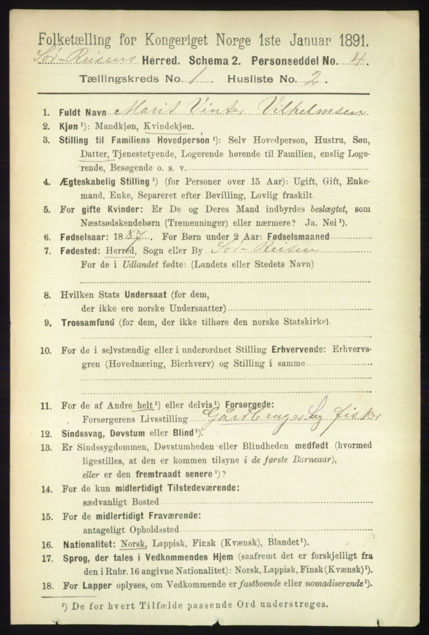 RA, 1891 census for 1925 Sørreisa, 1891, p. 72