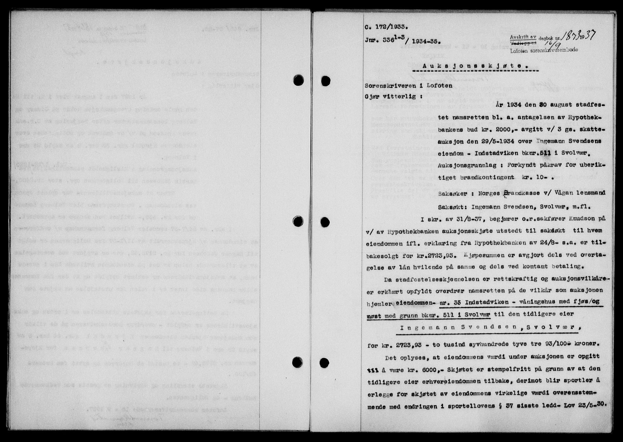Lofoten sorenskriveri, SAT/A-0017/1/2/2C/L0002a: Mortgage book no. 2a, 1937-1937, Diary no: : 1873/1937