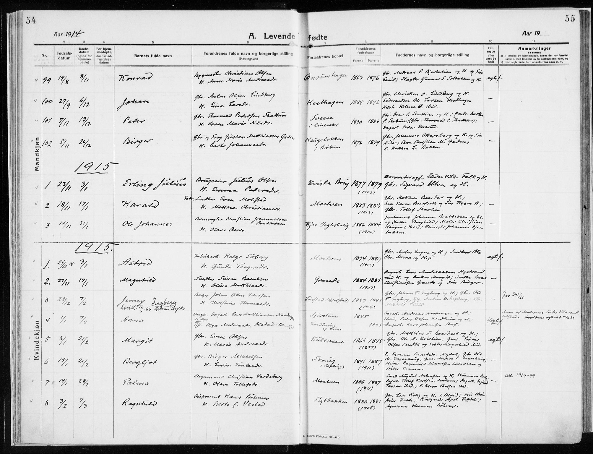 Ringsaker prestekontor, SAH/PREST-014/K/Ka/L0020: Parish register (official) no. 20, 1913-1922, p. 54-55