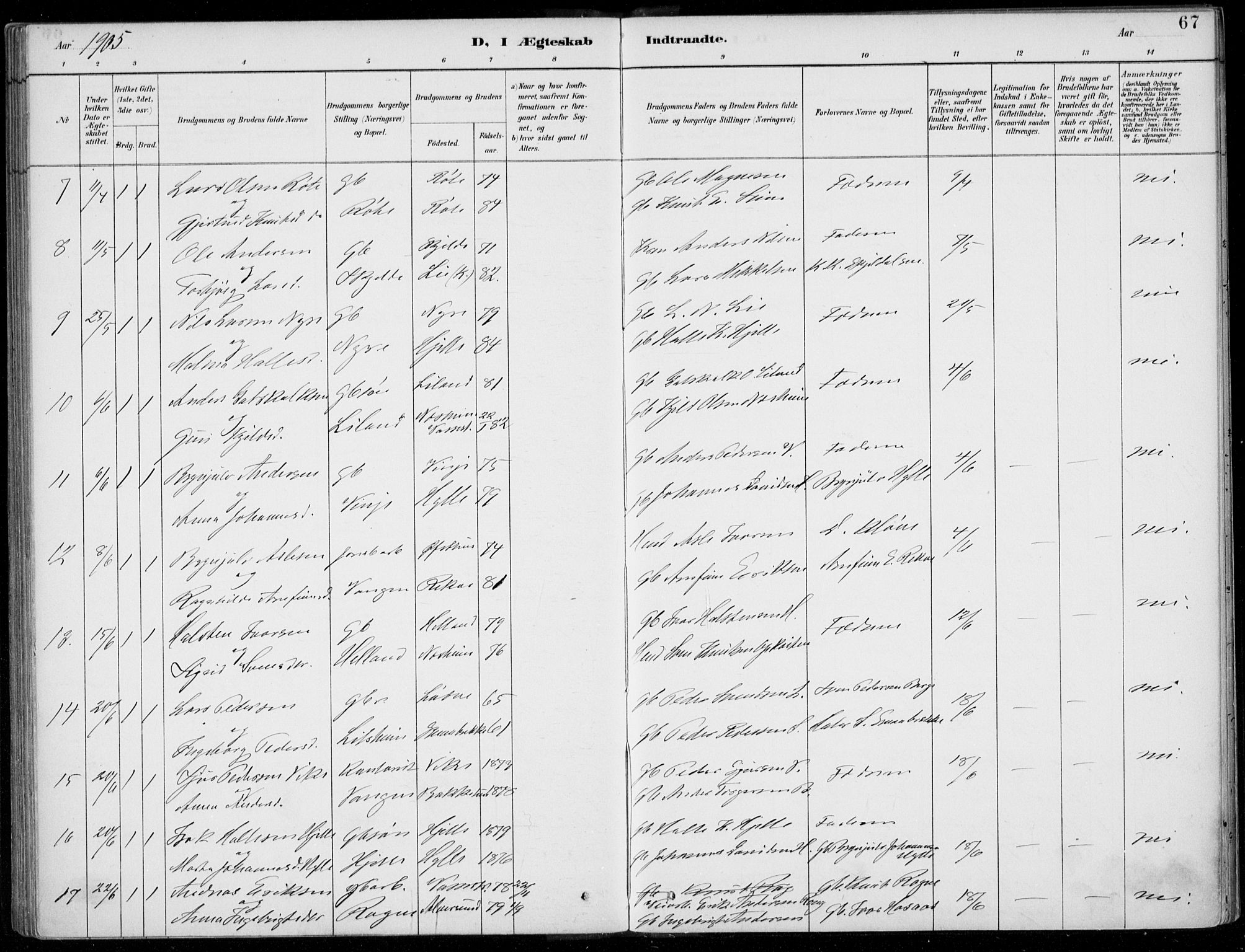 Voss sokneprestembete, SAB/A-79001/H/Haa: Parish register (official) no. C  1, 1887-1915, p. 67