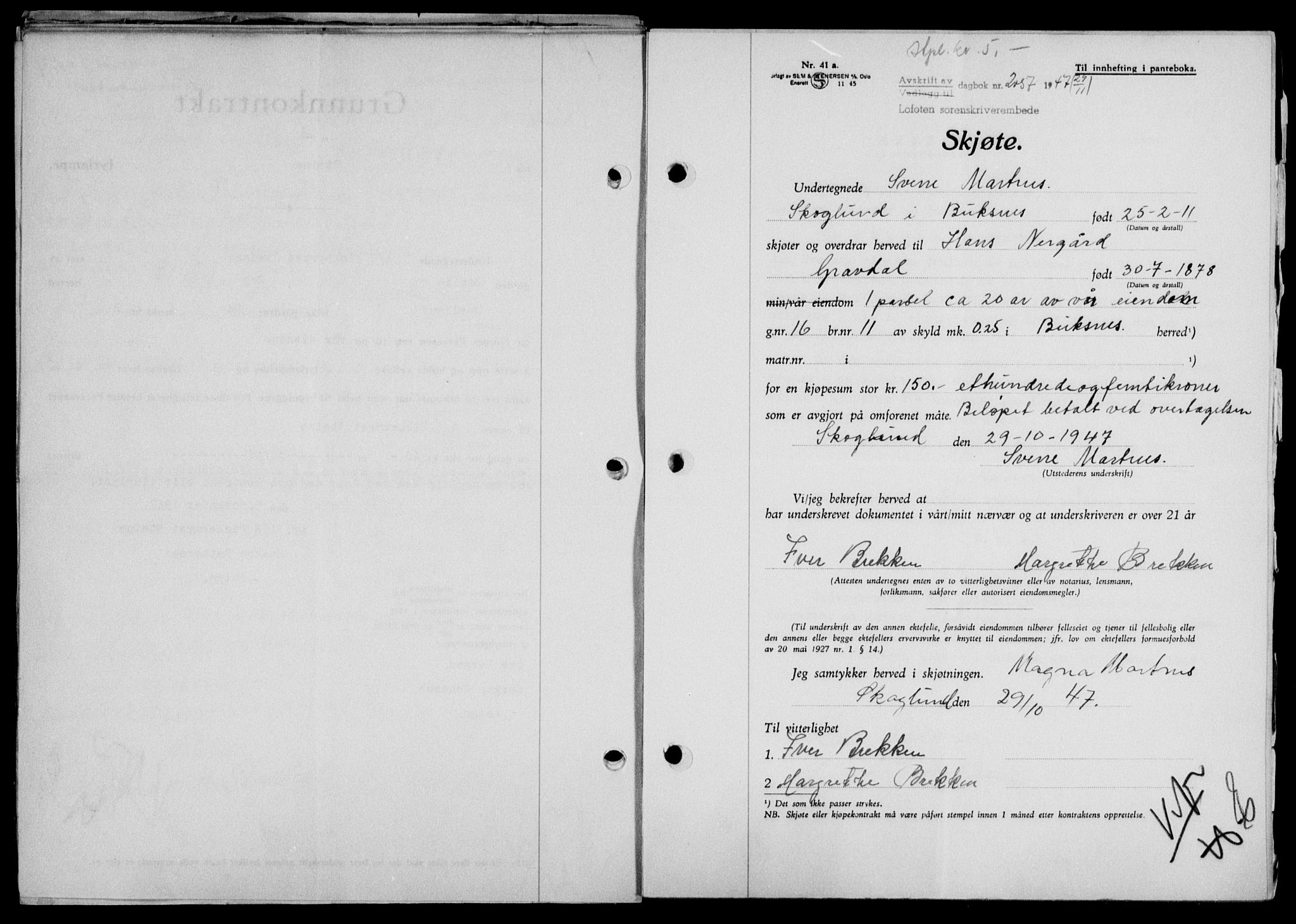 Lofoten sorenskriveri, SAT/A-0017/1/2/2C/L0017a: Mortgage book no. 17a, 1947-1948, Diary no: : 2057/1947
