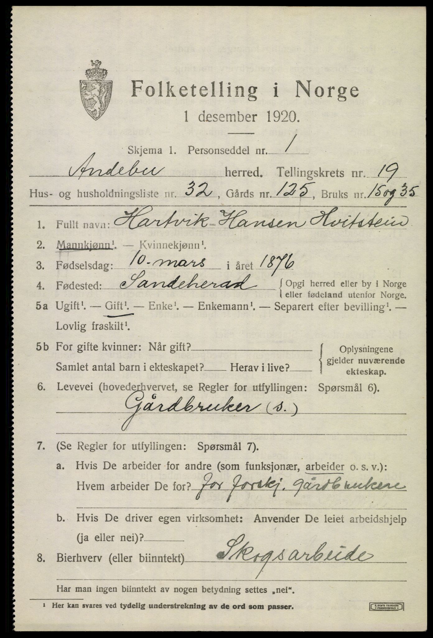 SAKO, 1920 census for Andebu, 1920, p. 6598