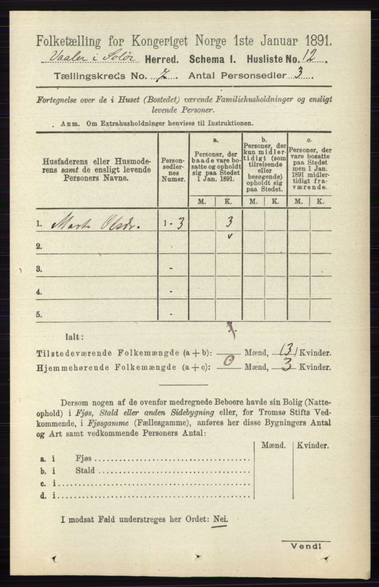 RA, 1891 census for 0426 Våler, 1891, p. 2880