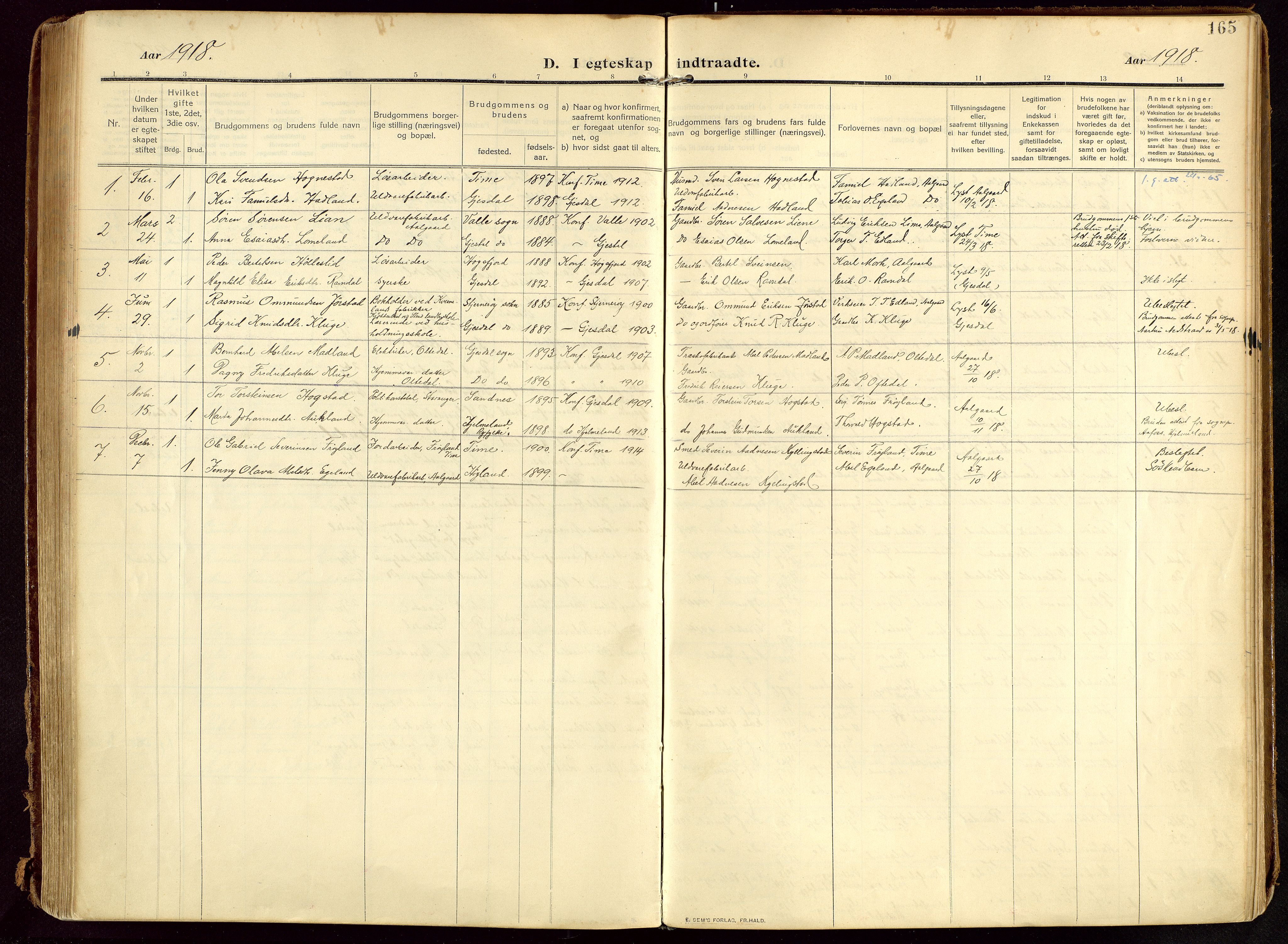Lye sokneprestkontor, SAST/A-101794/002/B/L0001: Parish register (official) no. A 13, 1910-1925, p. 165