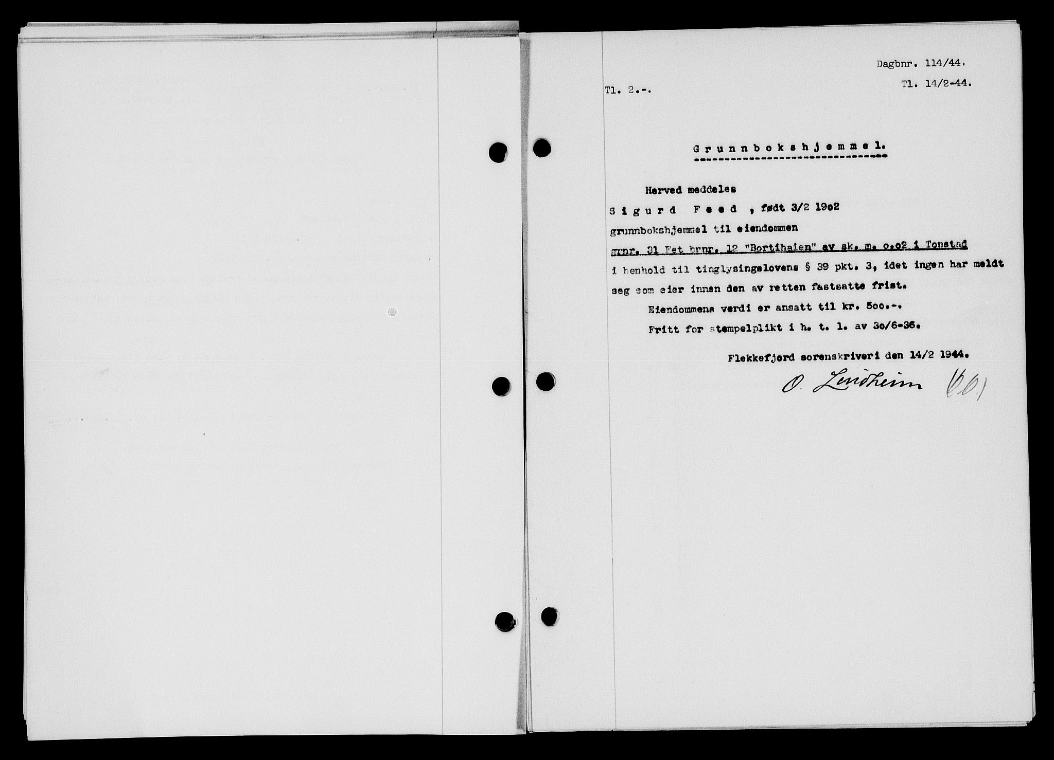 Flekkefjord sorenskriveri, AV/SAK-1221-0001/G/Gb/Gba/L0059: Mortgage book no. A-7, 1944-1945, Diary no: : 114/1944