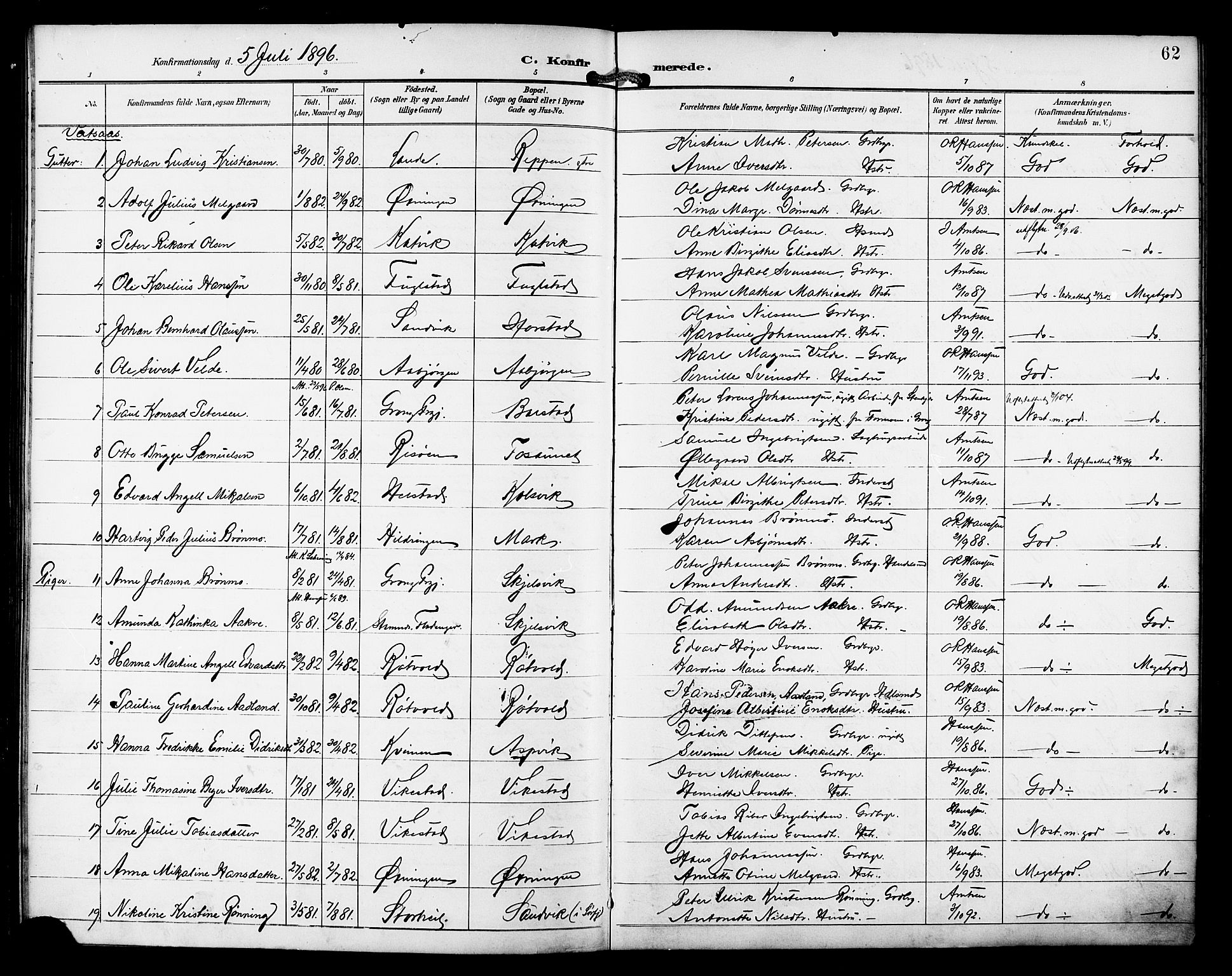 Ministerialprotokoller, klokkerbøker og fødselsregistre - Nordland, AV/SAT-A-1459/810/L0152: Parish register (official) no. 810A11, 1895-1899, p. 62