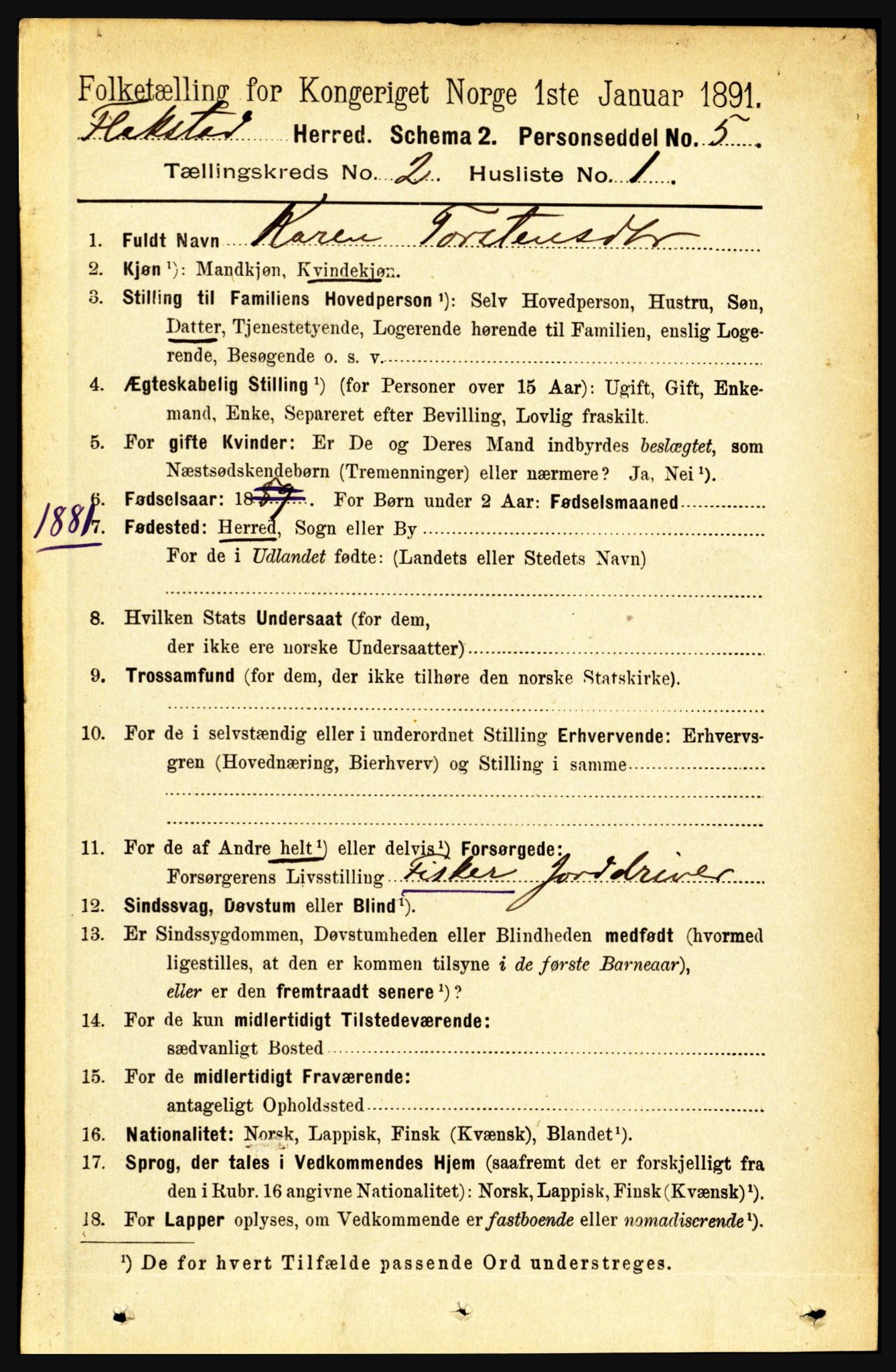 RA, 1891 census for 1859 Flakstad, 1891, p. 602