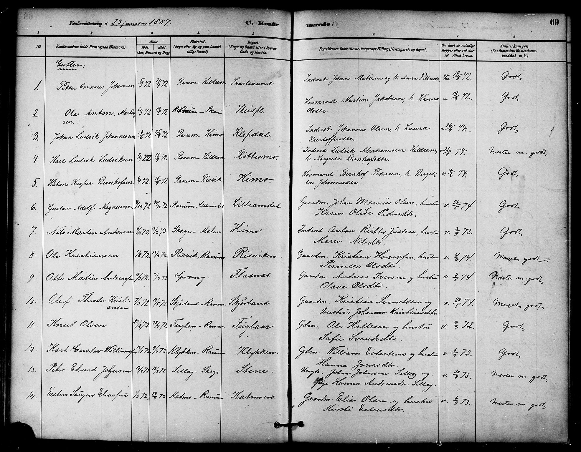 Ministerialprotokoller, klokkerbøker og fødselsregistre - Nord-Trøndelag, SAT/A-1458/764/L0555: Parish register (official) no. 764A10, 1881-1896, p. 69