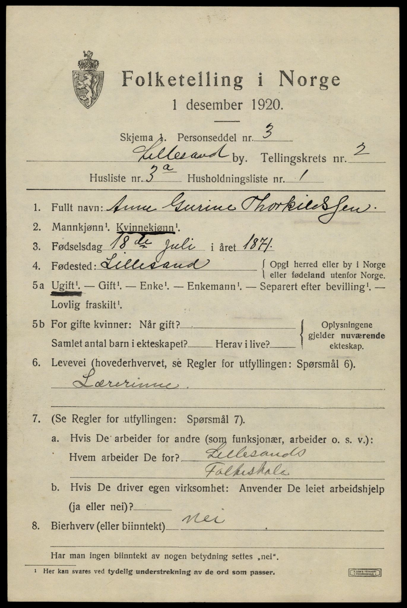 SAK, 1920 census for Lillesand, 1920, p. 2335