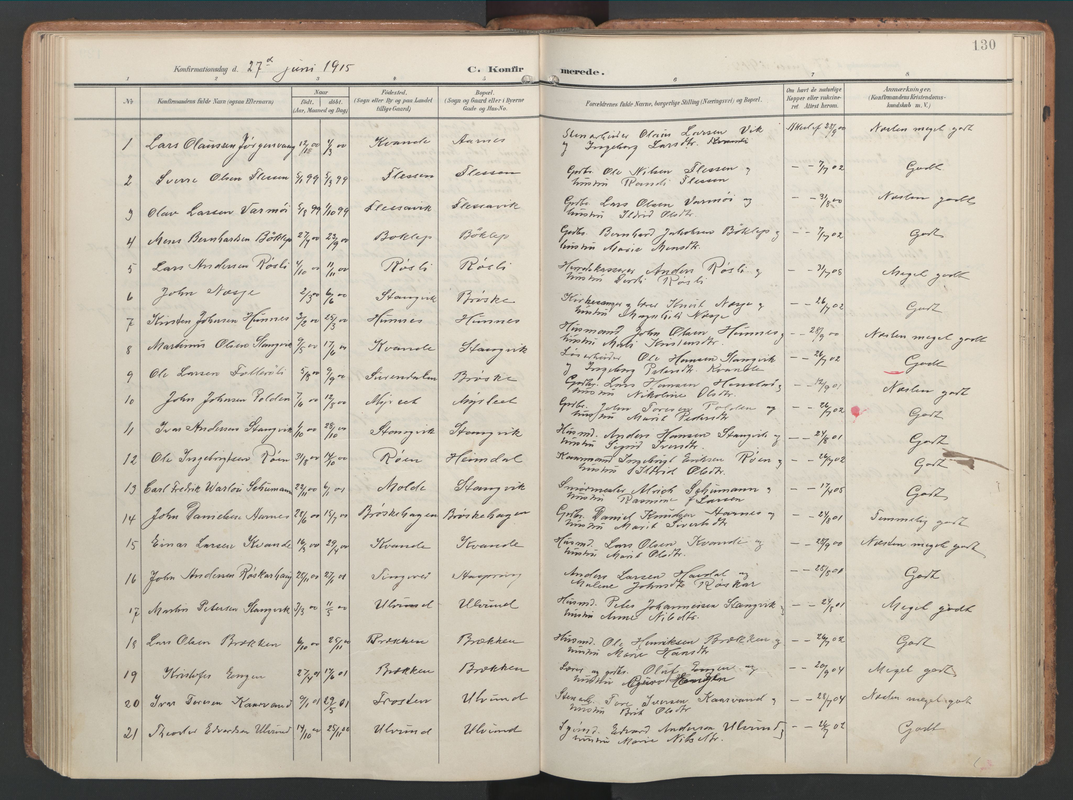 Ministerialprotokoller, klokkerbøker og fødselsregistre - Møre og Romsdal, AV/SAT-A-1454/592/L1030: Parish register (official) no. 592A08, 1901-1925, p. 130