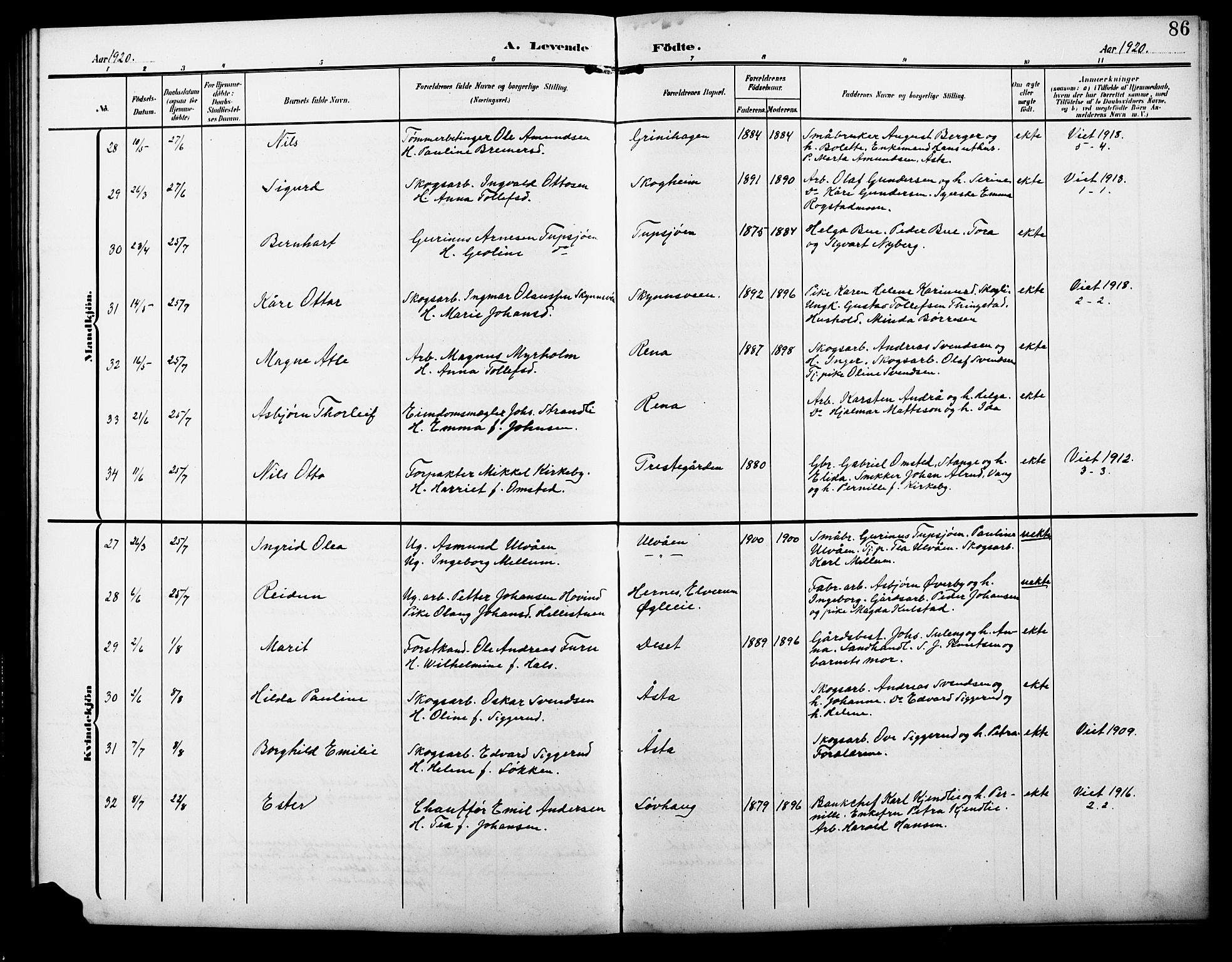 Åmot prestekontor, Hedmark, AV/SAH-PREST-056/H/Ha/Hab/L0004: Parish register (copy) no. 4, 1905-1920, p. 86