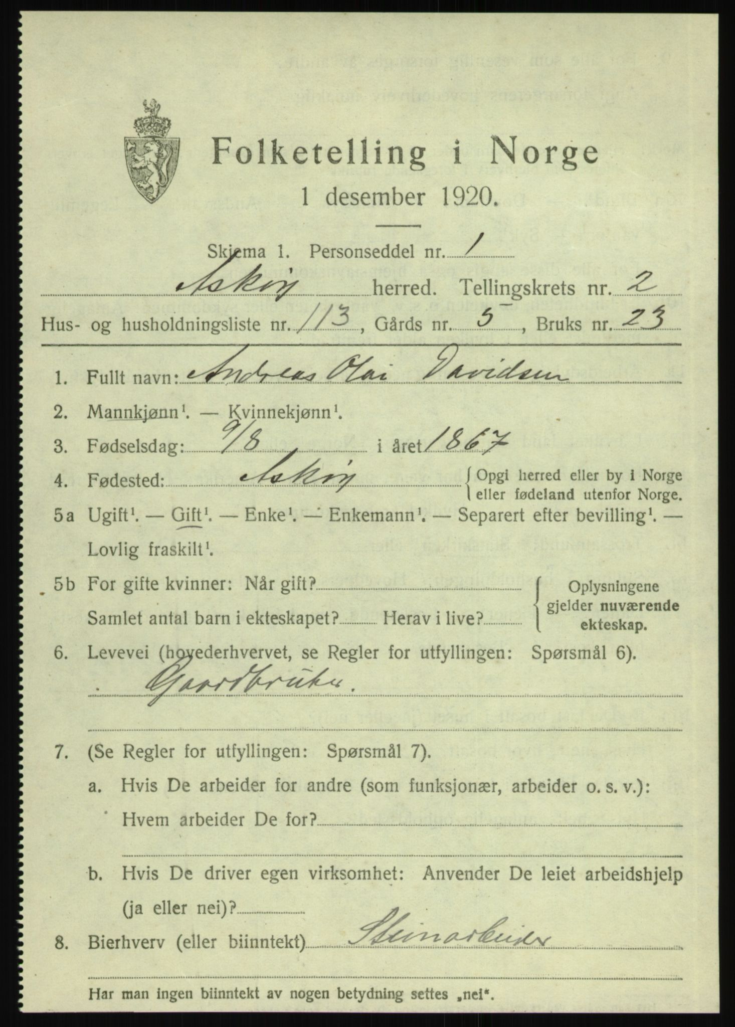 SAB, 1920 census for Askøy, 1920, p. 5796