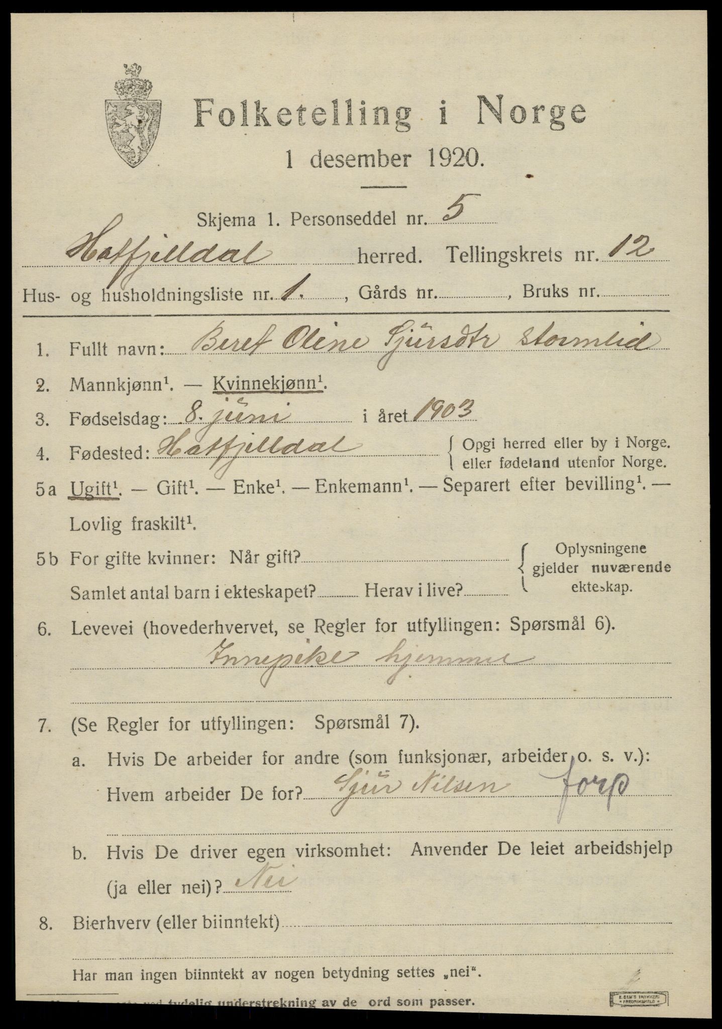 SAT, 1920 census for Hattfjelldal, 1920, p. 2712