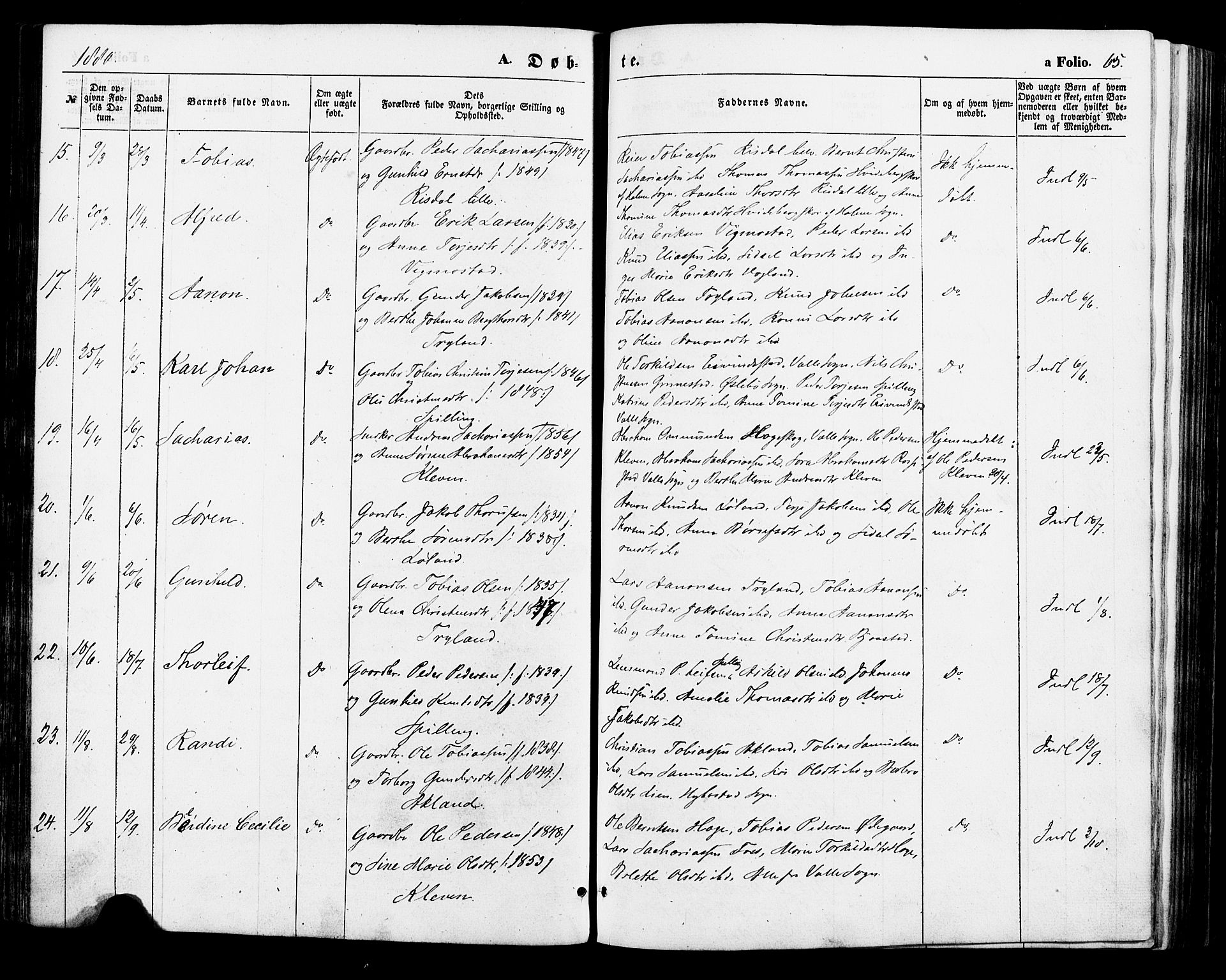 Nord-Audnedal sokneprestkontor, AV/SAK-1111-0032/F/Fa/Fab/L0002: Parish register (official) no. A 2, 1859-1882, p. 65