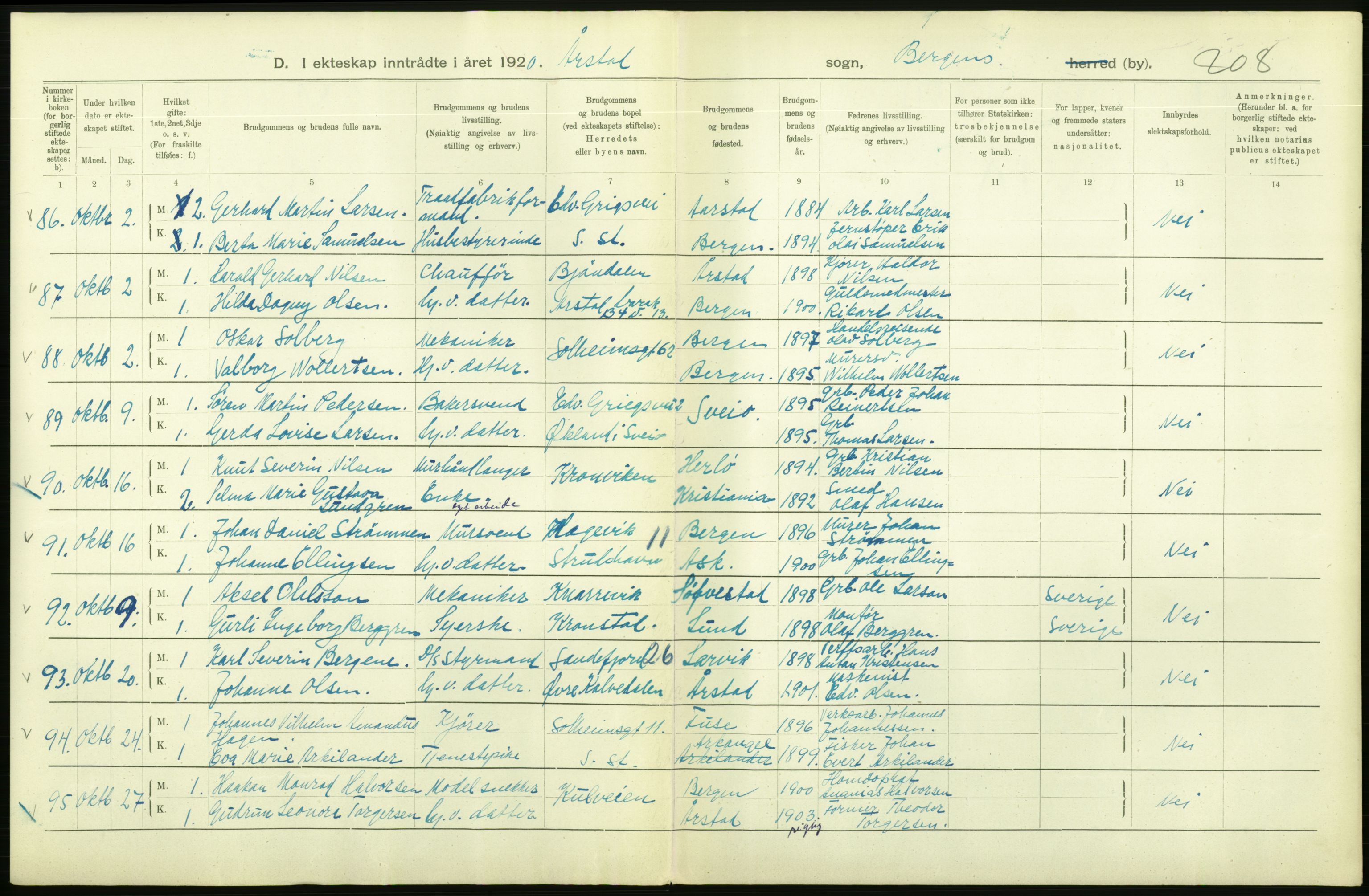 Statistisk sentralbyrå, Sosiodemografiske emner, Befolkning, AV/RA-S-2228/D/Df/Dfb/Dfbj/L0042: Bergen: Gifte, døde, dødfødte., 1920, p. 34