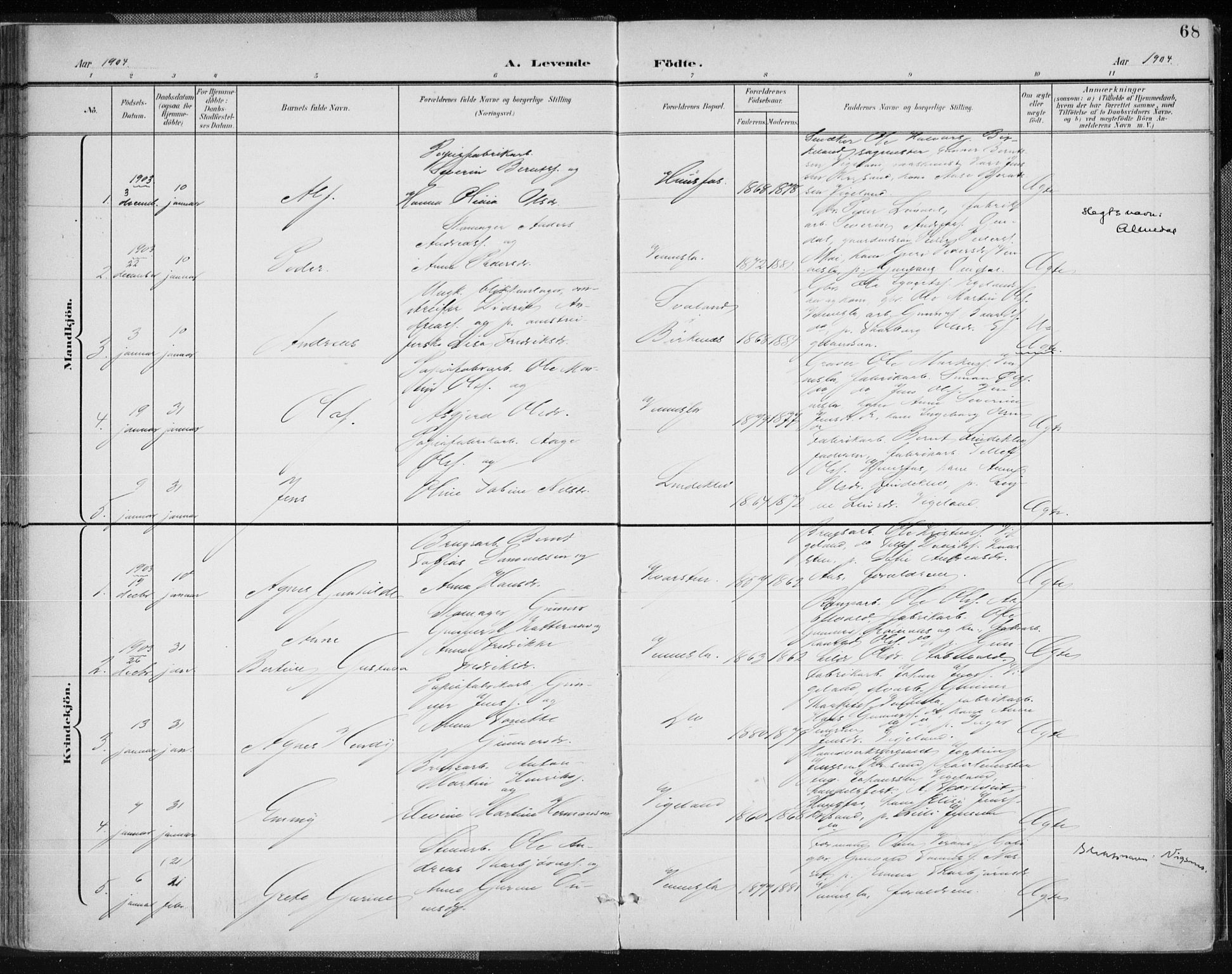 Vennesla sokneprestkontor, AV/SAK-1111-0045/Fa/Fab/L0005: Parish register (official) no. A 5, 1897-1909, p. 68