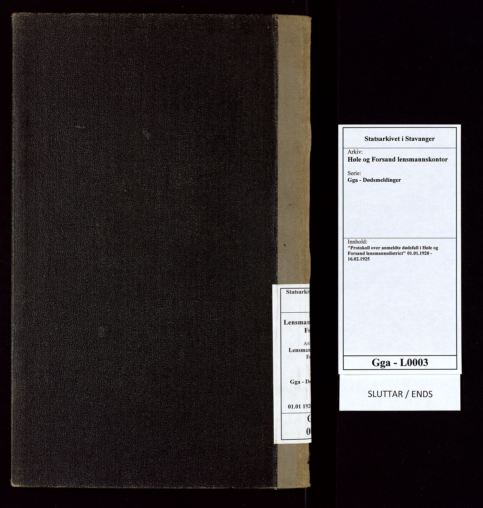 Høle og Forsand lensmannskontor, SAST/A-100127/Gga/L0003: "Protokoll over anmeldte dødsfall i Høle og Forsand lensmannsdistrict", 1920-1925