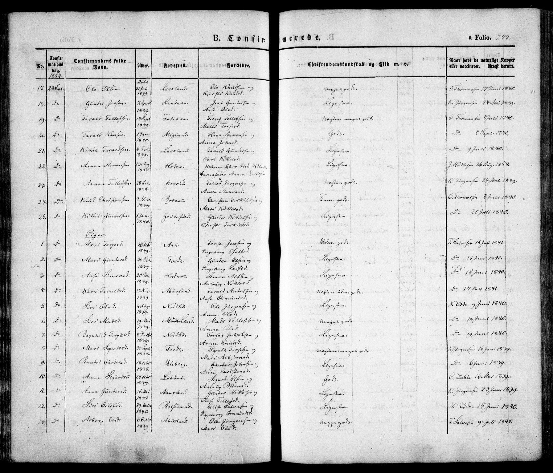 Evje sokneprestkontor, AV/SAK-1111-0008/F/Fa/Faa/L0005: Parish register (official) no. A 5, 1843-1865, p. 245