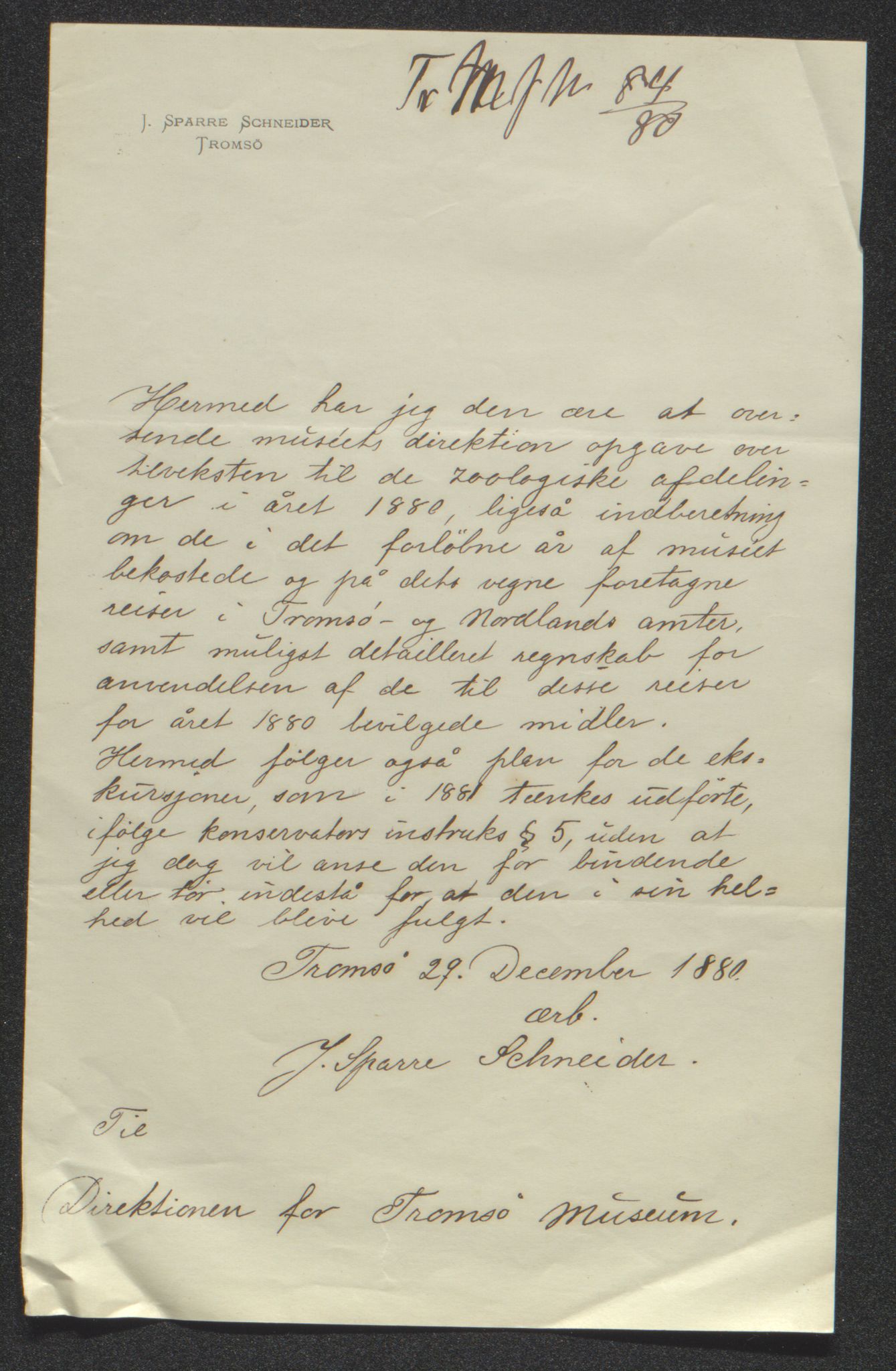 Tromsø Museum, AV/SATØ-S-0162/D/Db/L0033: Journalsaker og innkomne brev, 1879-1882, p. 275