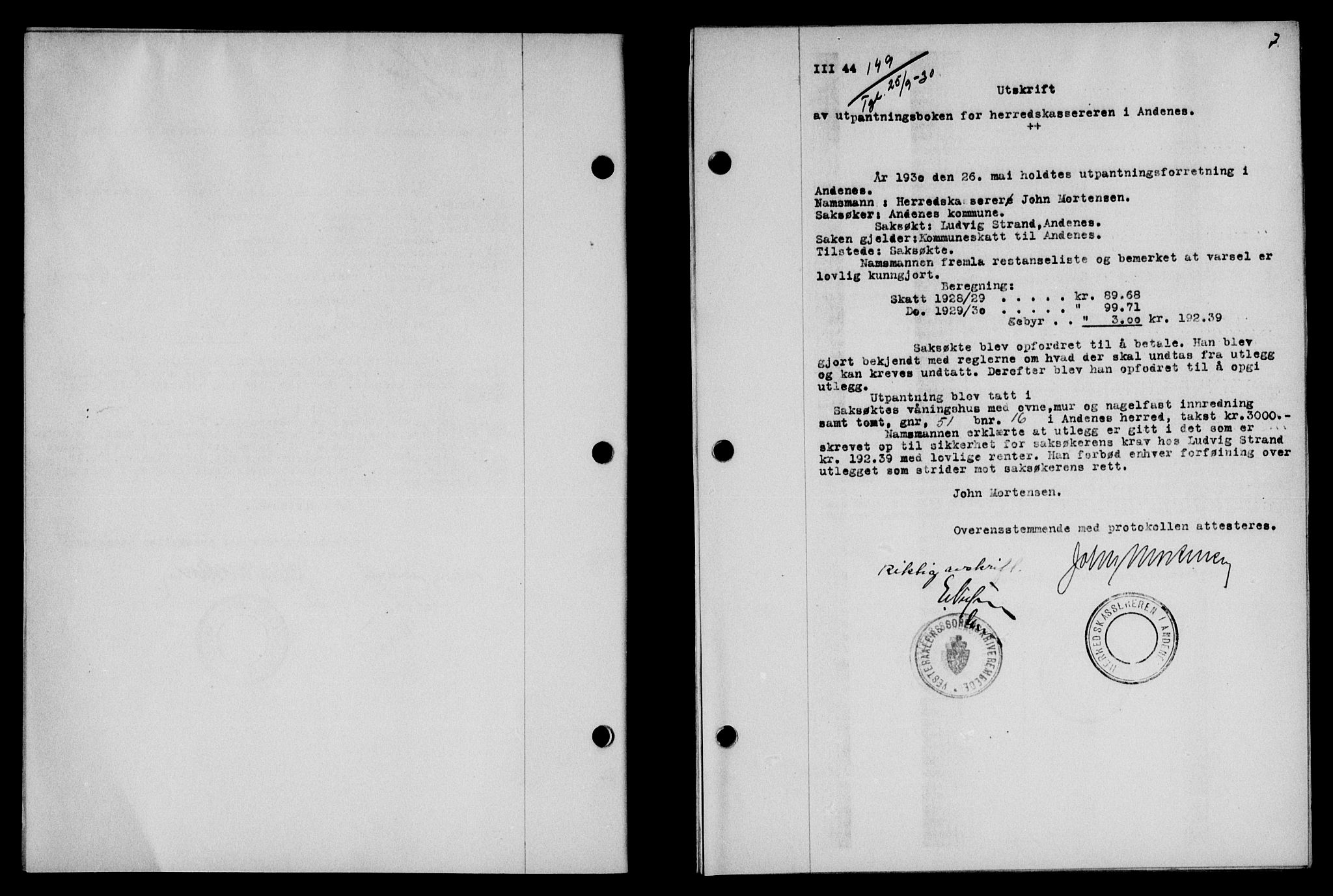 Vesterålen sorenskriveri, SAT/A-4180/1/2/2Ca/L0052: Mortgage book no. 45, 1930-1931, Deed date: 25.09.1930