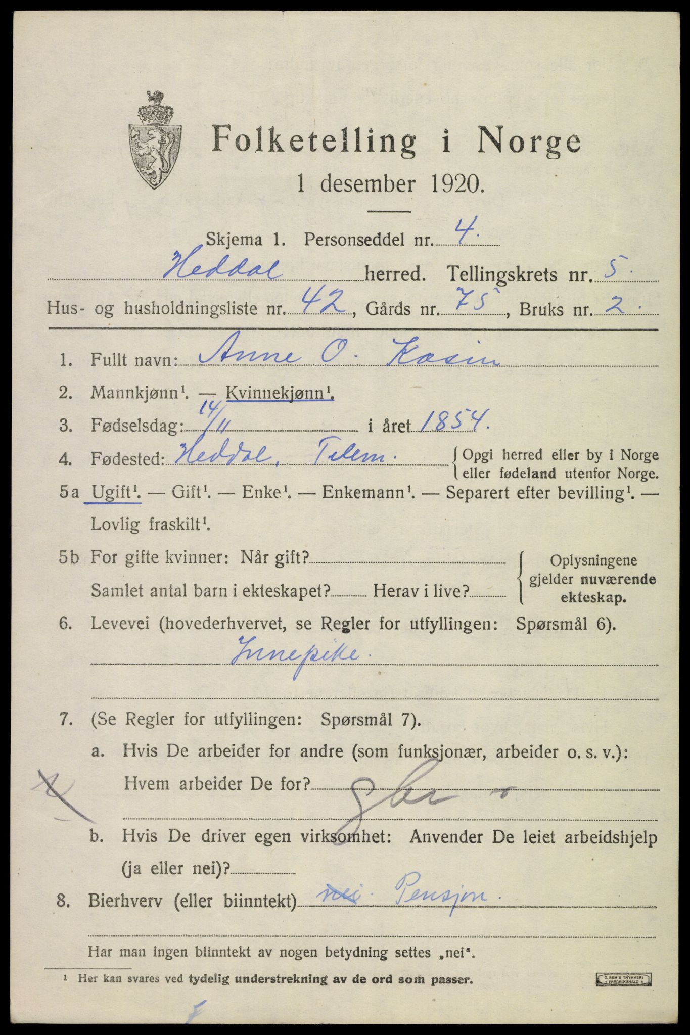 SAKO, 1920 census for Heddal, 1920, p. 5192