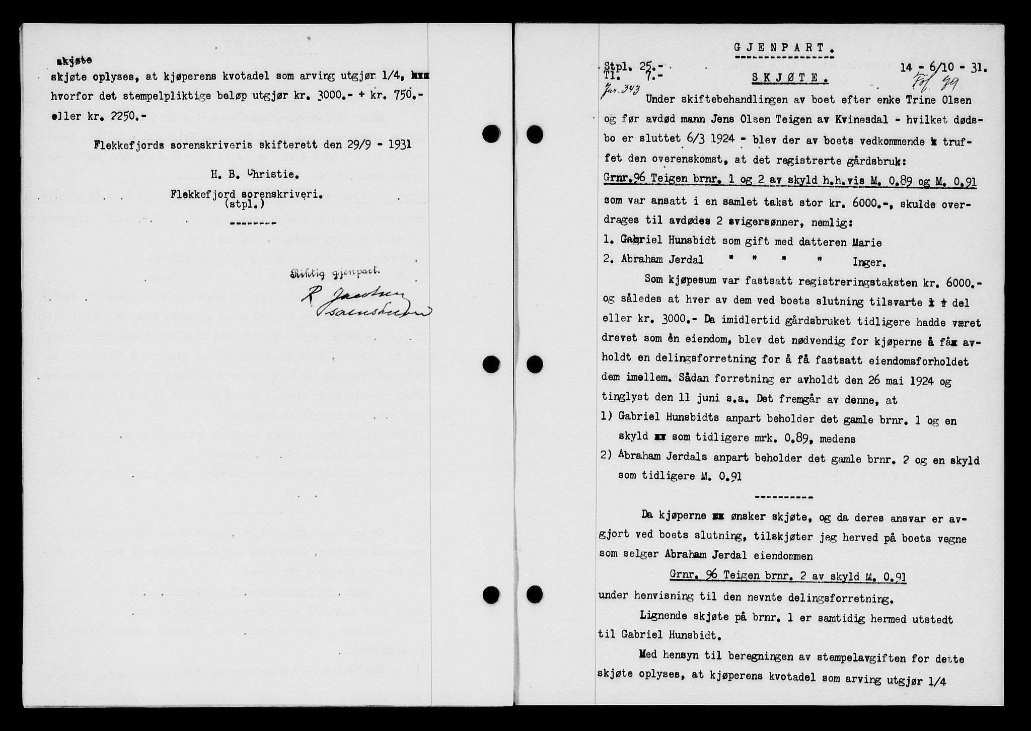 Flekkefjord sorenskriveri, SAK/1221-0001/G/Gb/Gba/L0047: Mortgage book no. 45, 1931-1932, Deed date: 20.10.1931