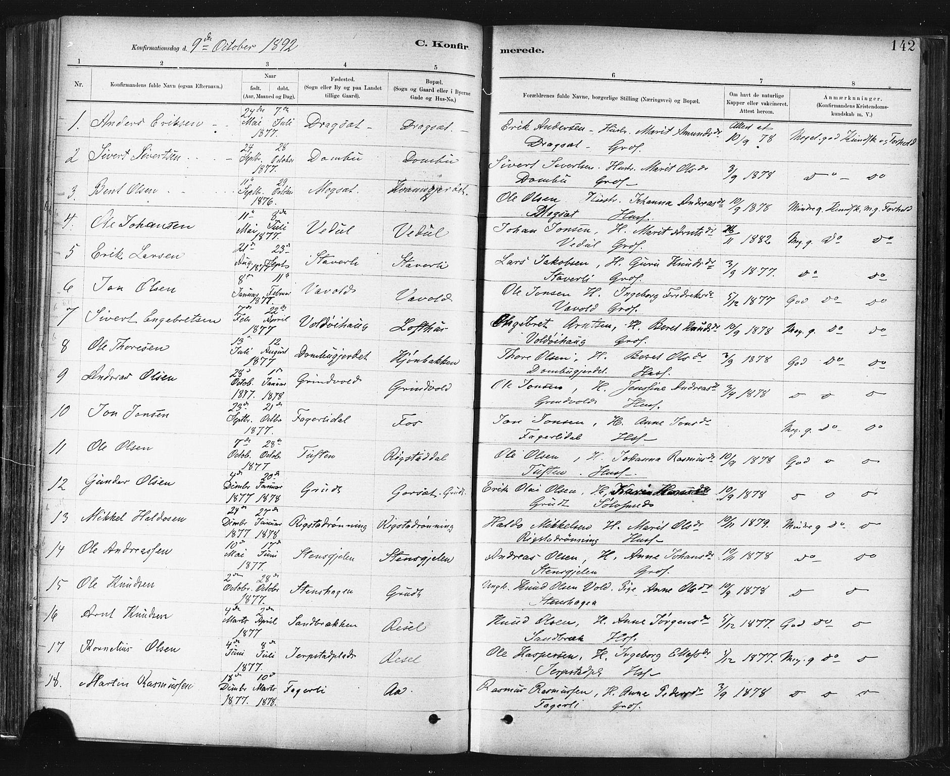 Ministerialprotokoller, klokkerbøker og fødselsregistre - Sør-Trøndelag, SAT/A-1456/672/L0857: Parish register (official) no. 672A09, 1882-1893, p. 142