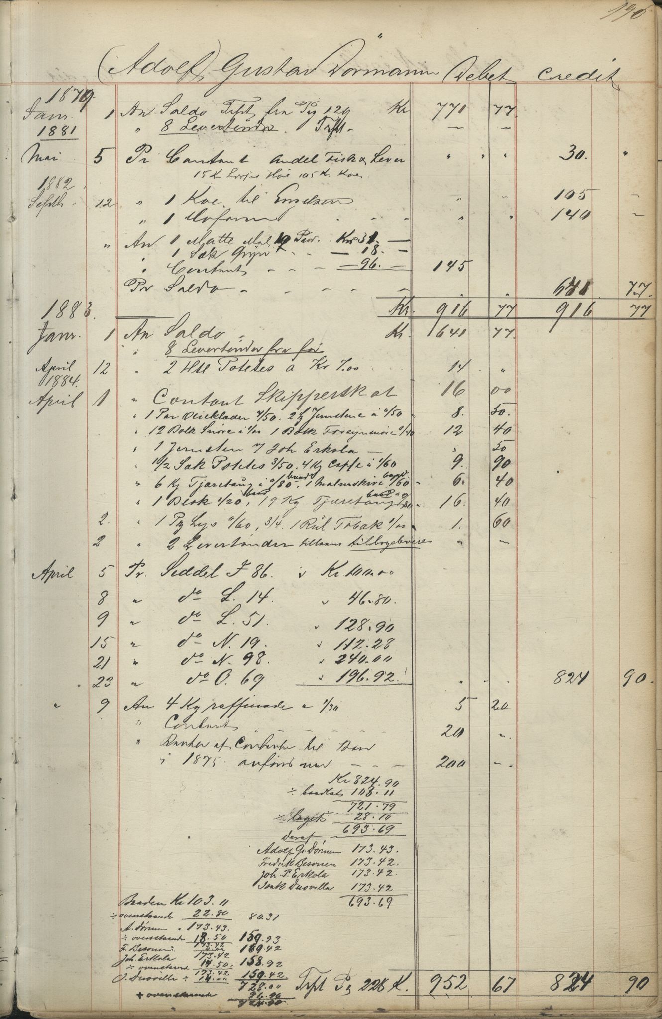 Brodtkorb handel A/S, VAMU/A-0001/F/Fc/L0001/0001: Konto for kvener og nordmenn på Kolahalvøya  / Conto for Kvæner og Nordmænd paa Russefinmarken No 1, 1868-1894, p. 190