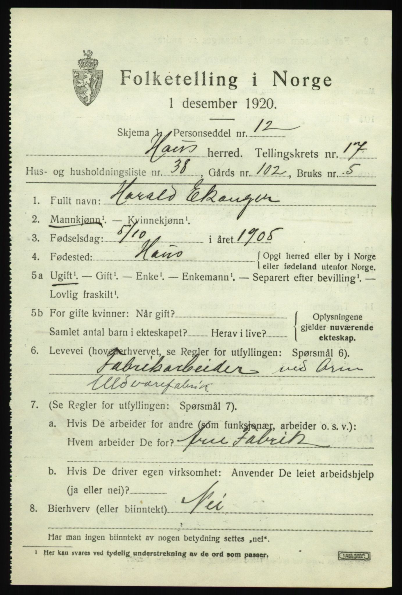 SAB, 1920 census for Haus, 1920, p. 11562