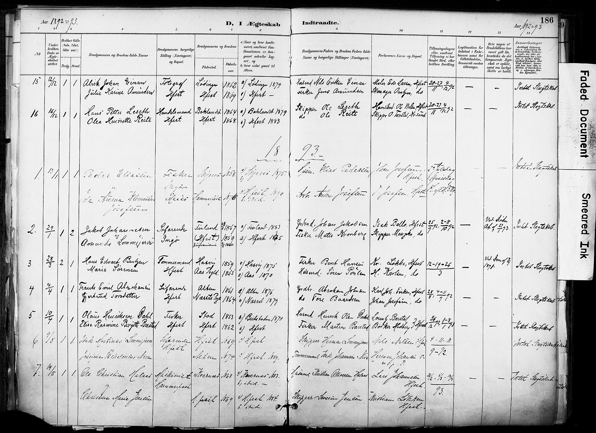 Hammerfest sokneprestkontor, SATØ/S-1347/H/Ha/L0009.kirke: Parish register (official) no. 9, 1889-1897, p. 186