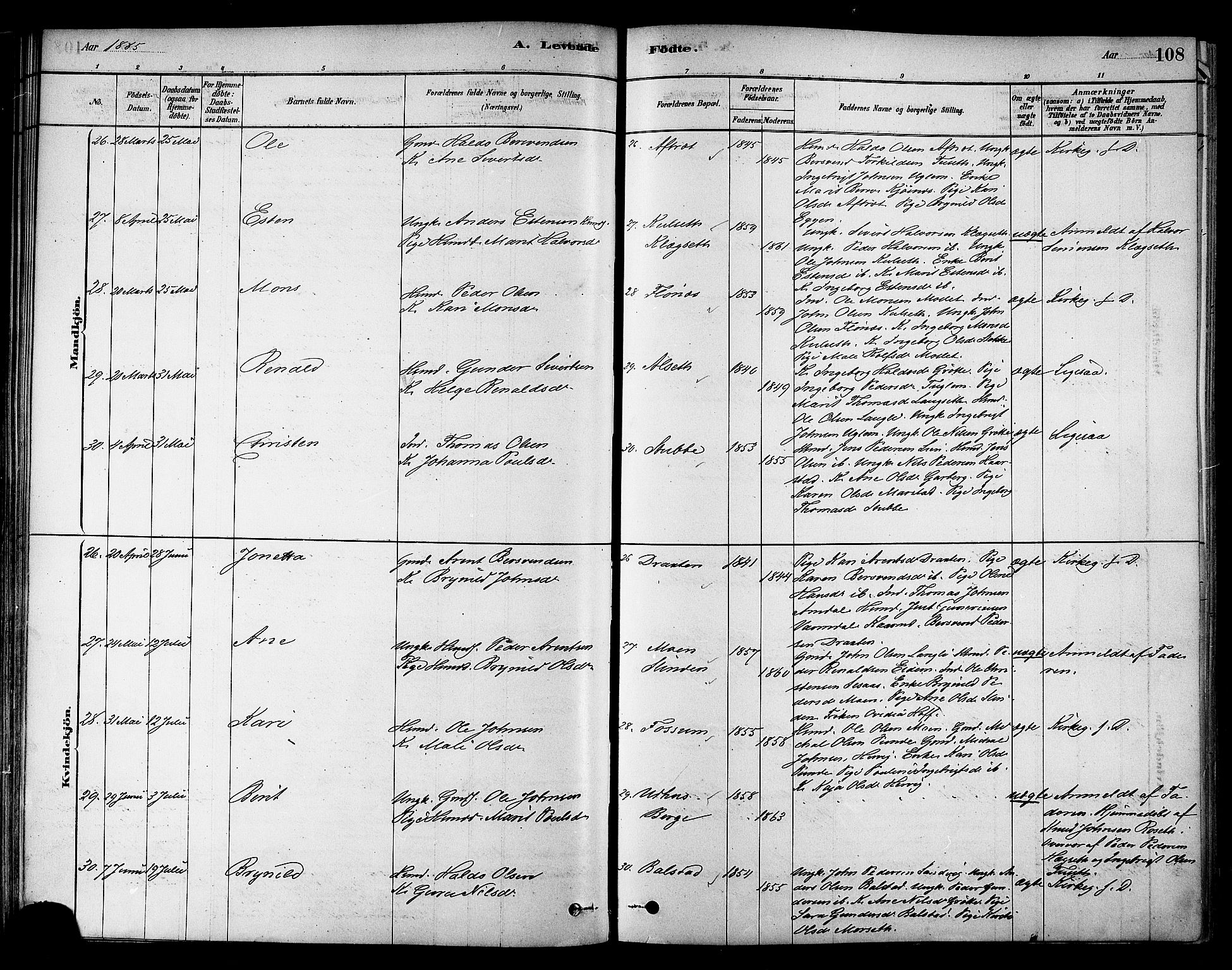 Ministerialprotokoller, klokkerbøker og fødselsregistre - Sør-Trøndelag, AV/SAT-A-1456/695/L1148: Parish register (official) no. 695A08, 1878-1891, p. 108