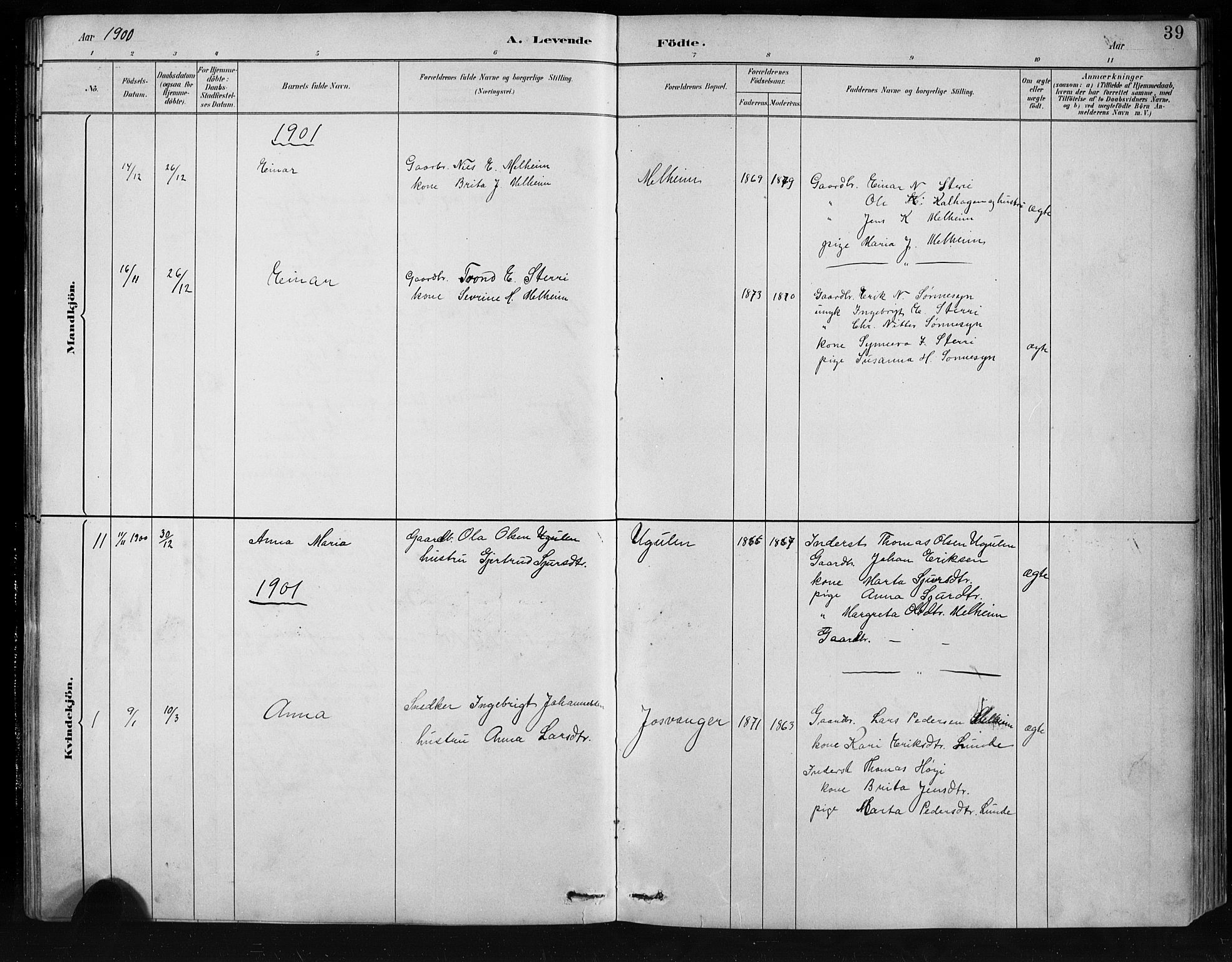 Jostedal sokneprestembete, SAB/A-80601/H/Hab/Habb/L0001: Parish register (copy) no. B 1, 1882-1921, p. 39