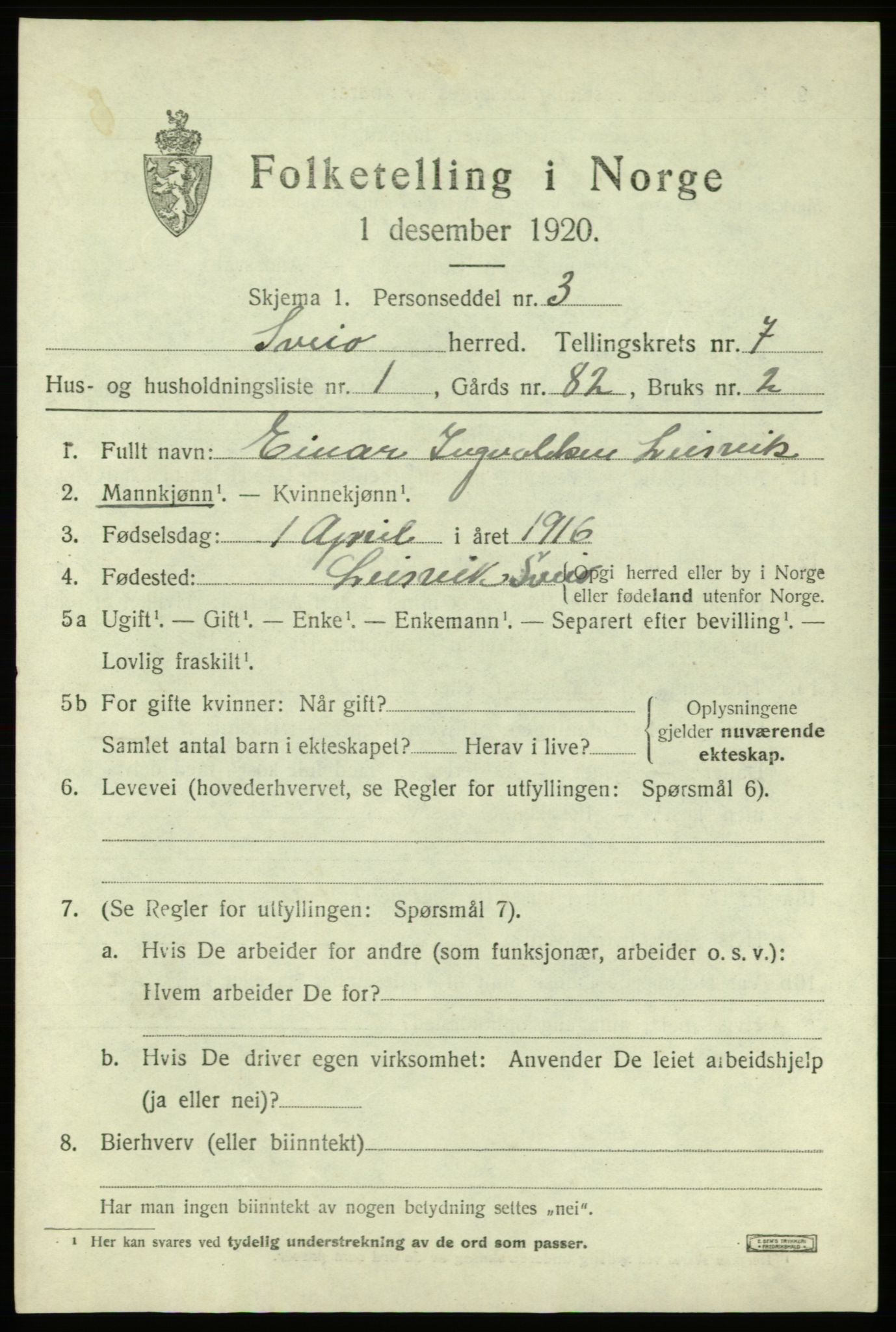 SAB, 1920 census for Sveio, 1920, p. 3554