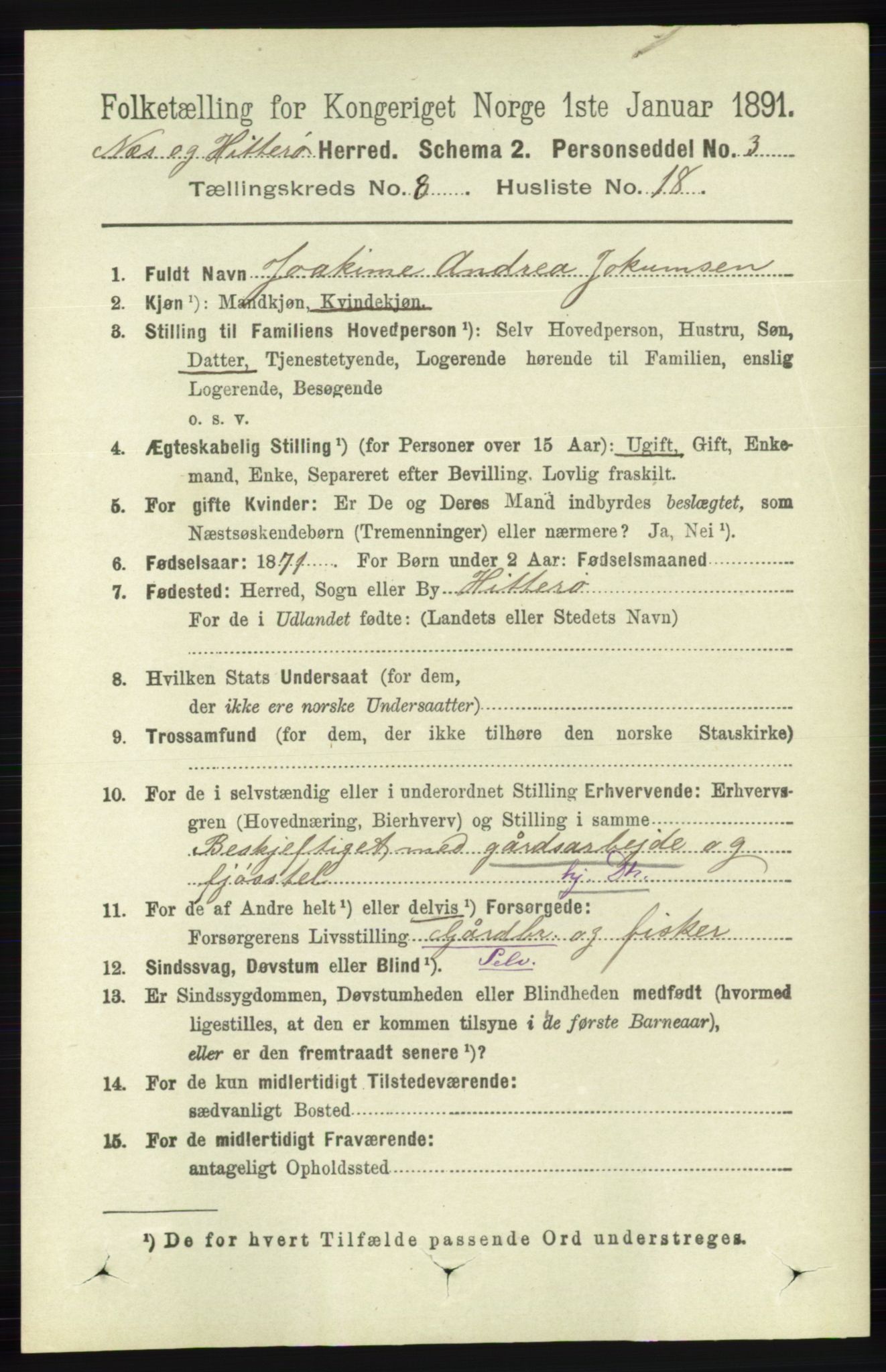 RA, 1891 census for 1043 Hidra og Nes, 1891, p. 3425