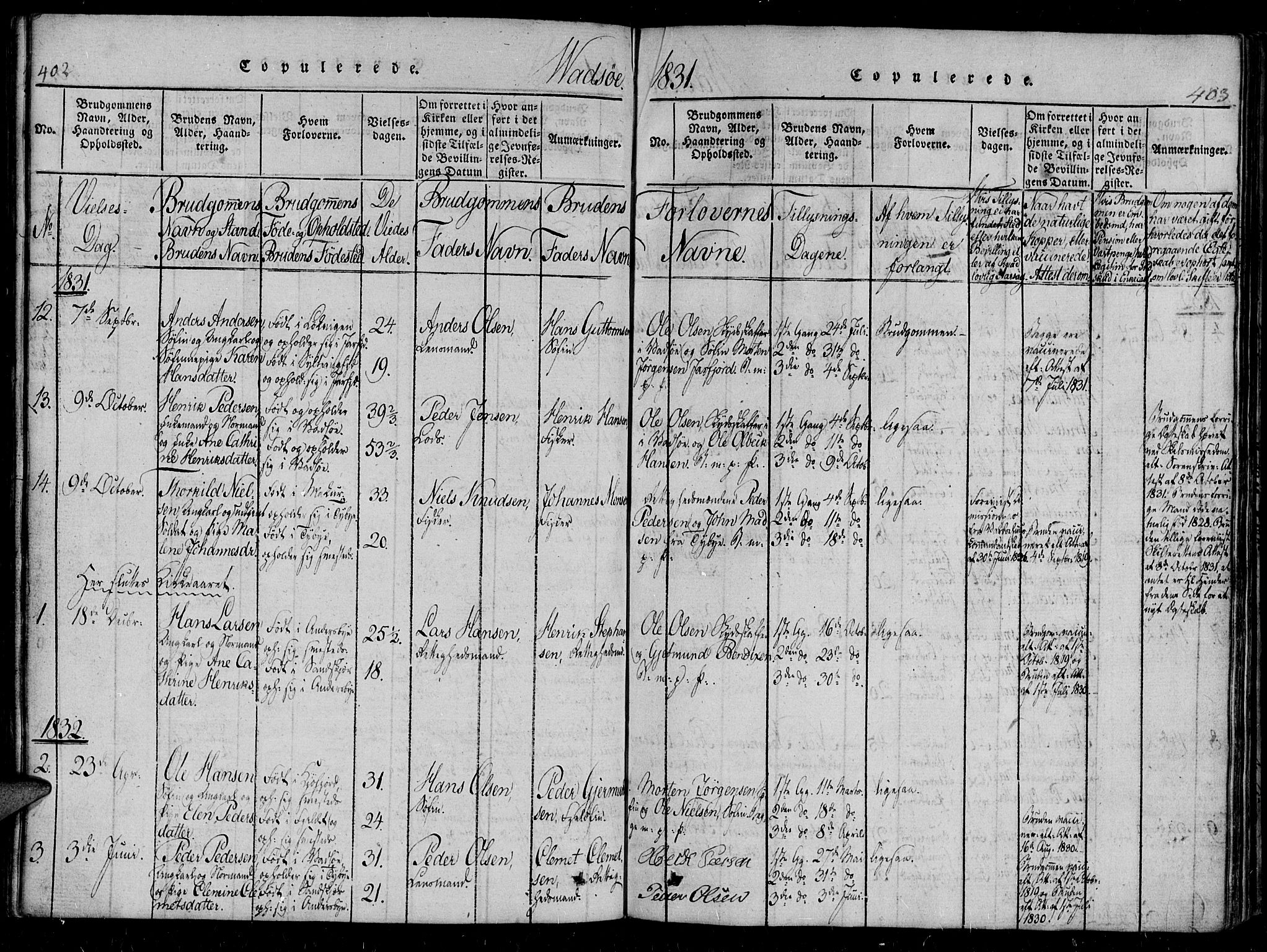 Vadsø sokneprestkontor, SATØ/S-1325/H/Ha/L0003kirke: Parish register (official) no. 3 /1, 1821-1839, p. 402-403