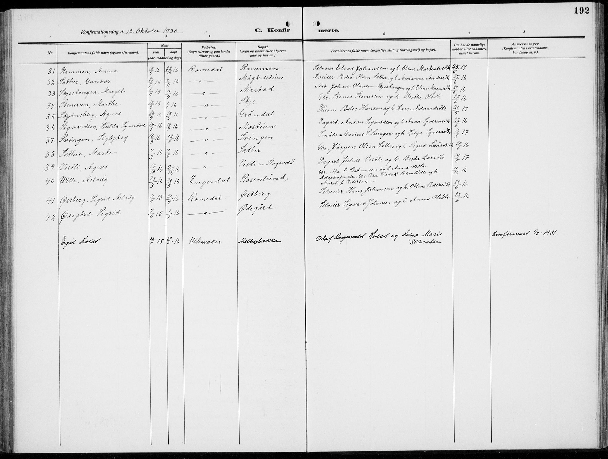 Romedal prestekontor, AV/SAH-PREST-004/L/L0014: Parish register (copy) no. 14, 1915-1939, p. 192