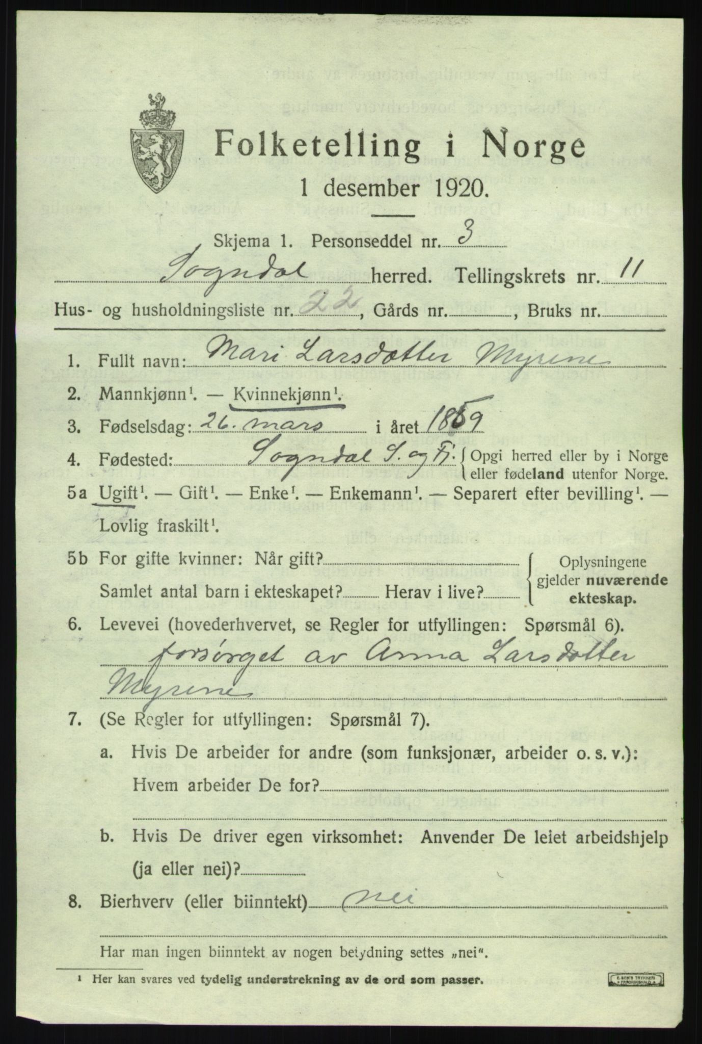 SAB, 1920 census for Sogndal, 1920, p. 5167