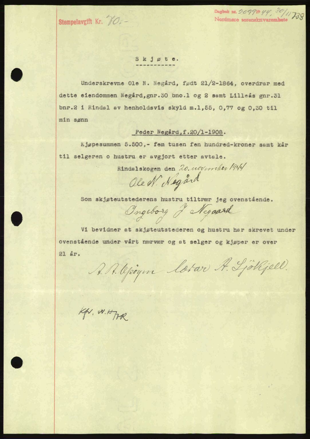 Nordmøre sorenskriveri, AV/SAT-A-4132/1/2/2Ca: Mortgage book no. A98, 1944-1944, Diary no: : 2099/1944