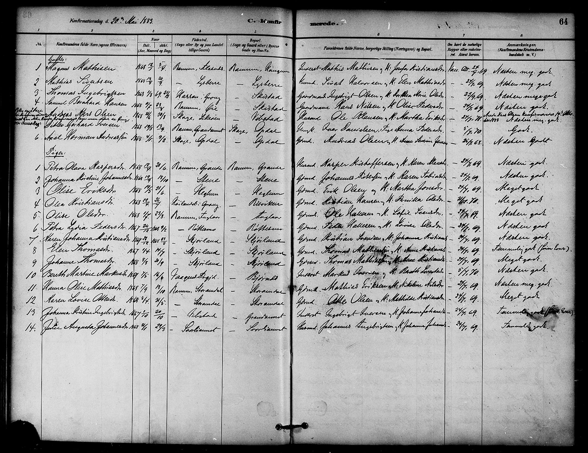 Ministerialprotokoller, klokkerbøker og fødselsregistre - Nord-Trøndelag, AV/SAT-A-1458/764/L0555: Parish register (official) no. 764A10, 1881-1896, p. 64