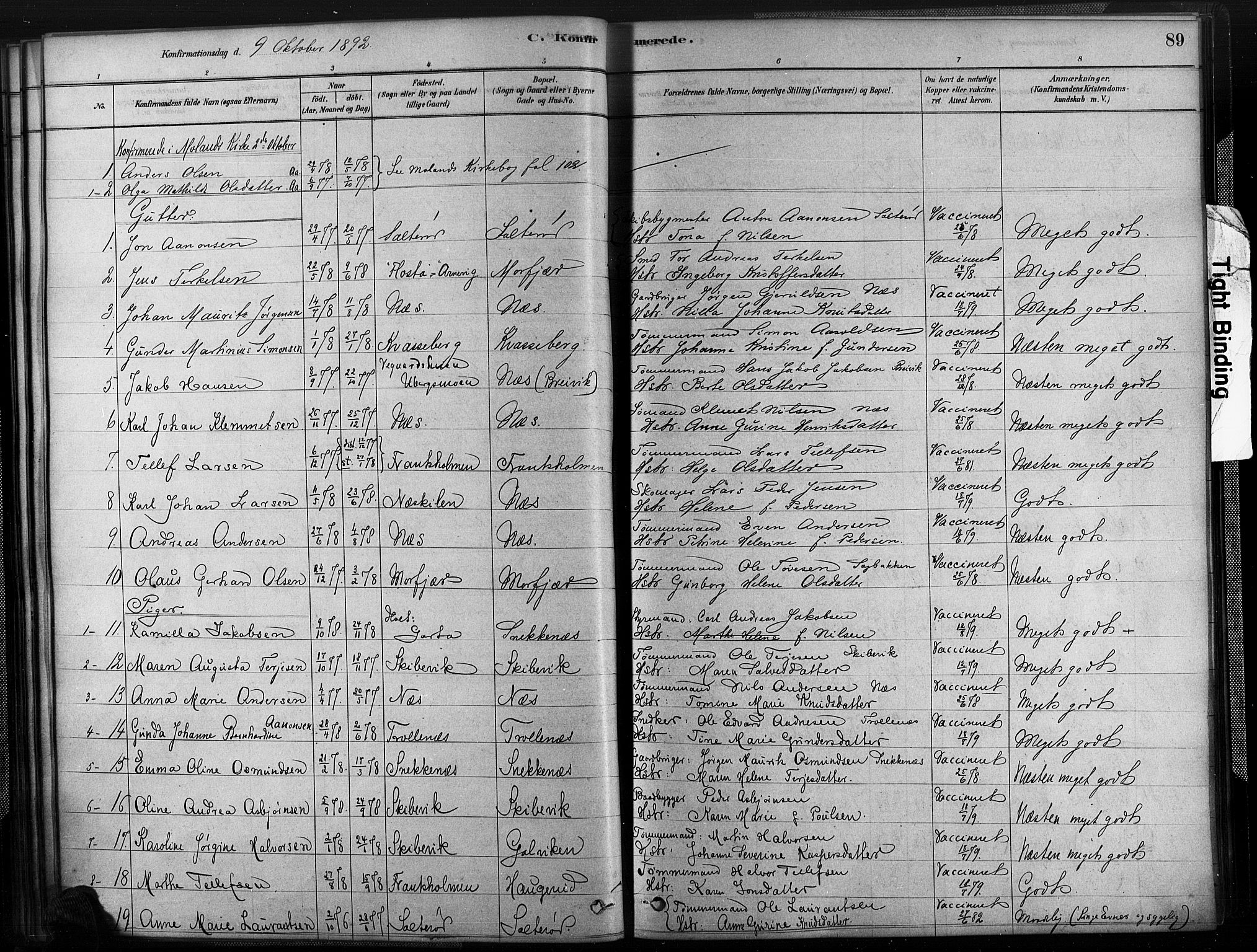 Austre Moland sokneprestkontor, AV/SAK-1111-0001/F/Fa/Fab/L0001: Parish register (official) no. A 1, 1878-1898, p. 89