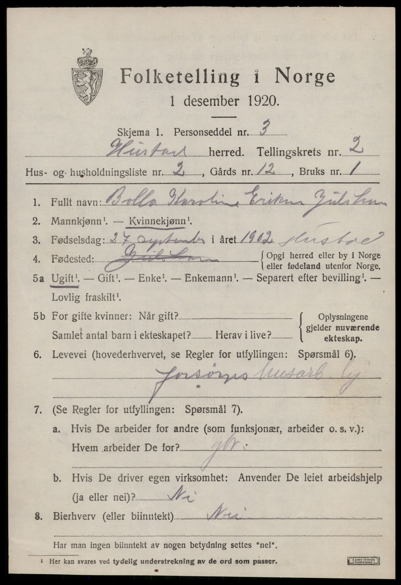 SAT, 1920 census for Hustad, 1920, p. 1541