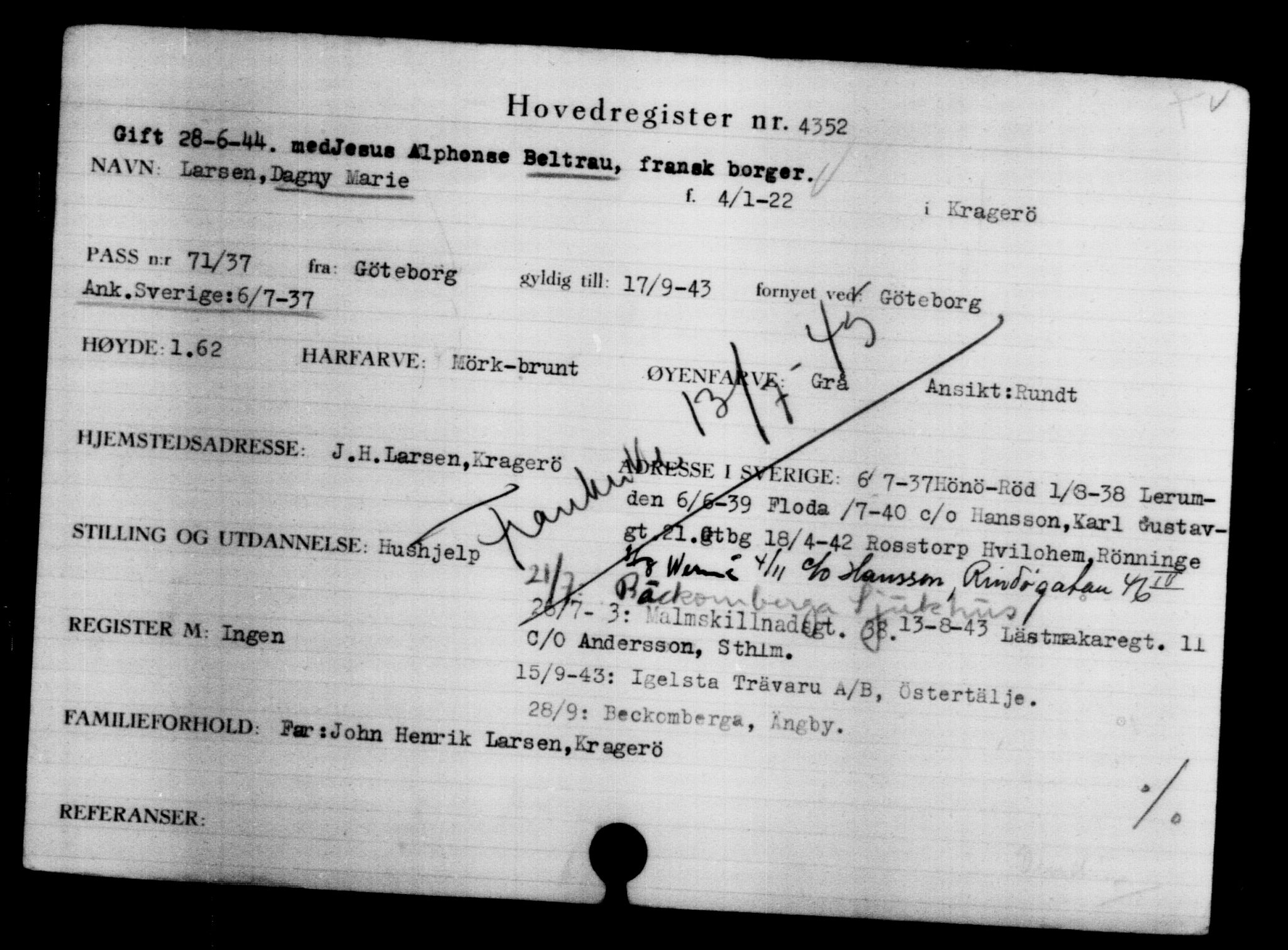 Utenriksstasjonene, Legasjonen i Stockholm, Flyktningkontoret, AV/RA-S-6753/V/Va/L0004: Kjesäterkartoteket, flyktninger med registreringsnr. 3496-6610, 1940-1945, p. 1036