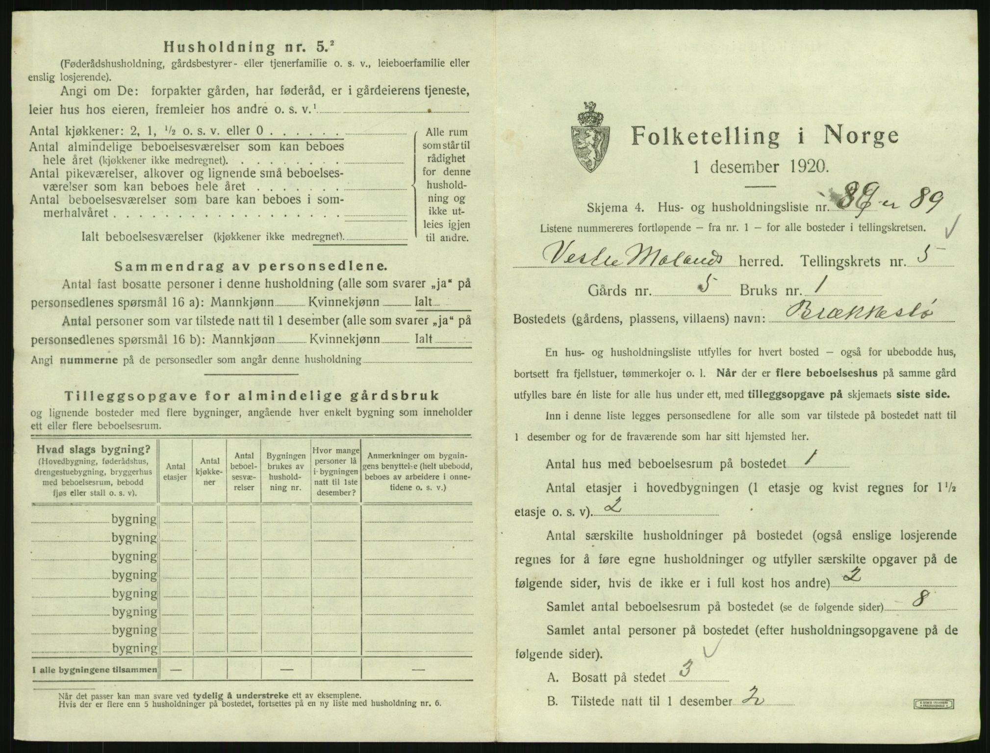 SAK, 1920 census for Vestre Moland, 1920, p. 813