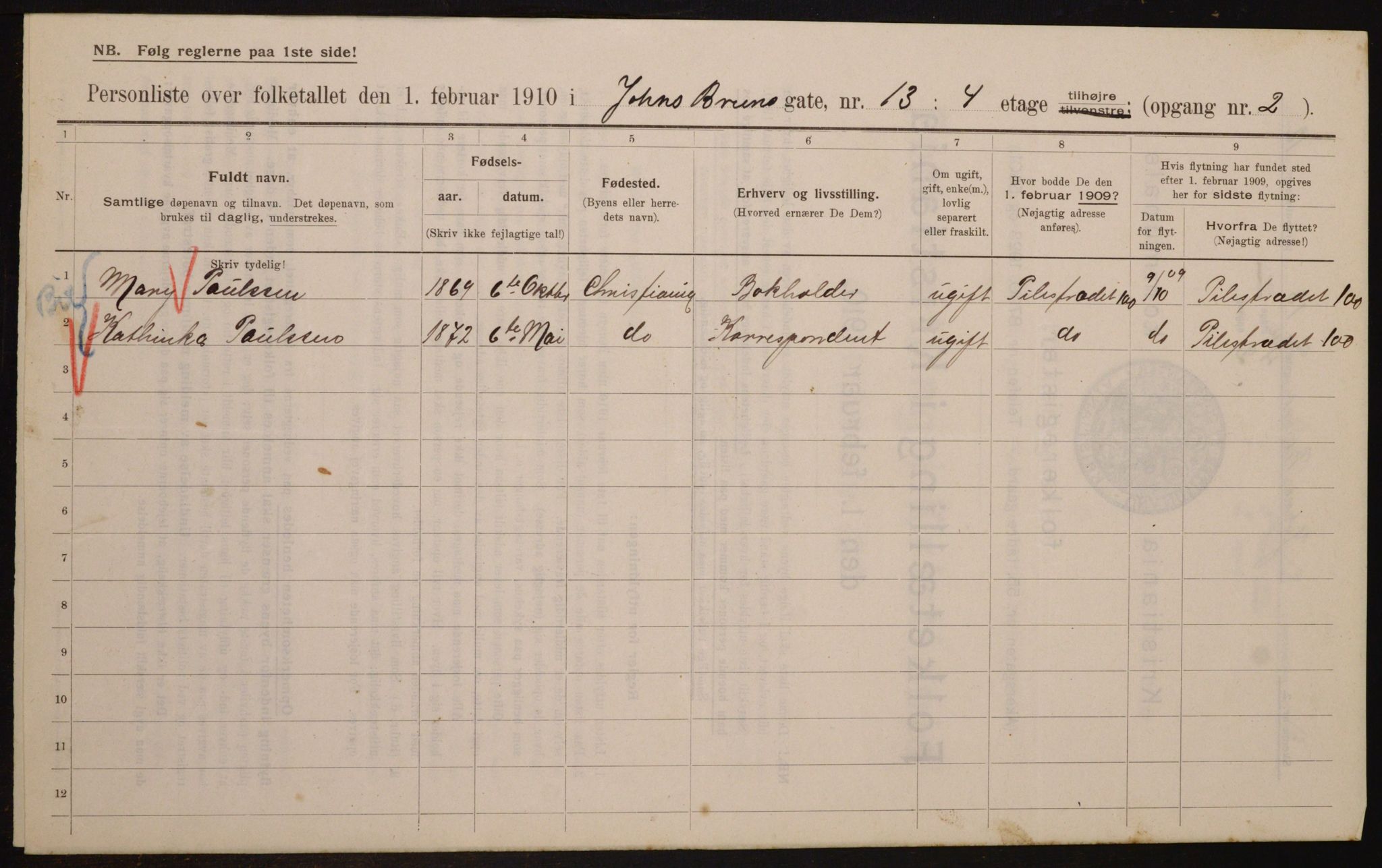 OBA, Municipal Census 1910 for Kristiania, 1910, p. 45817